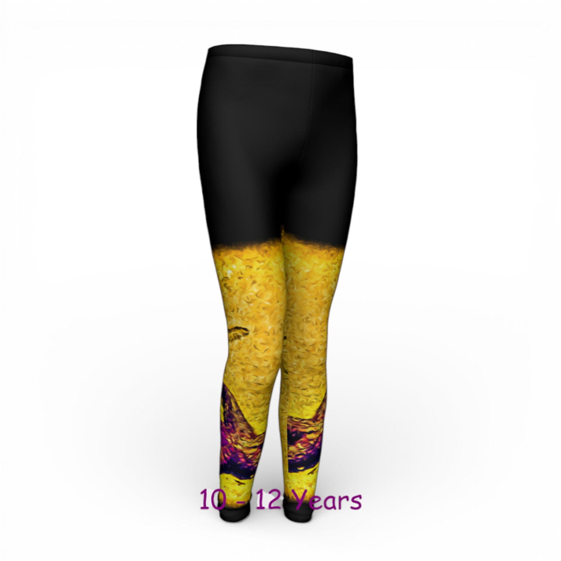 Black and yellow leggings with a colorful design on a white background
