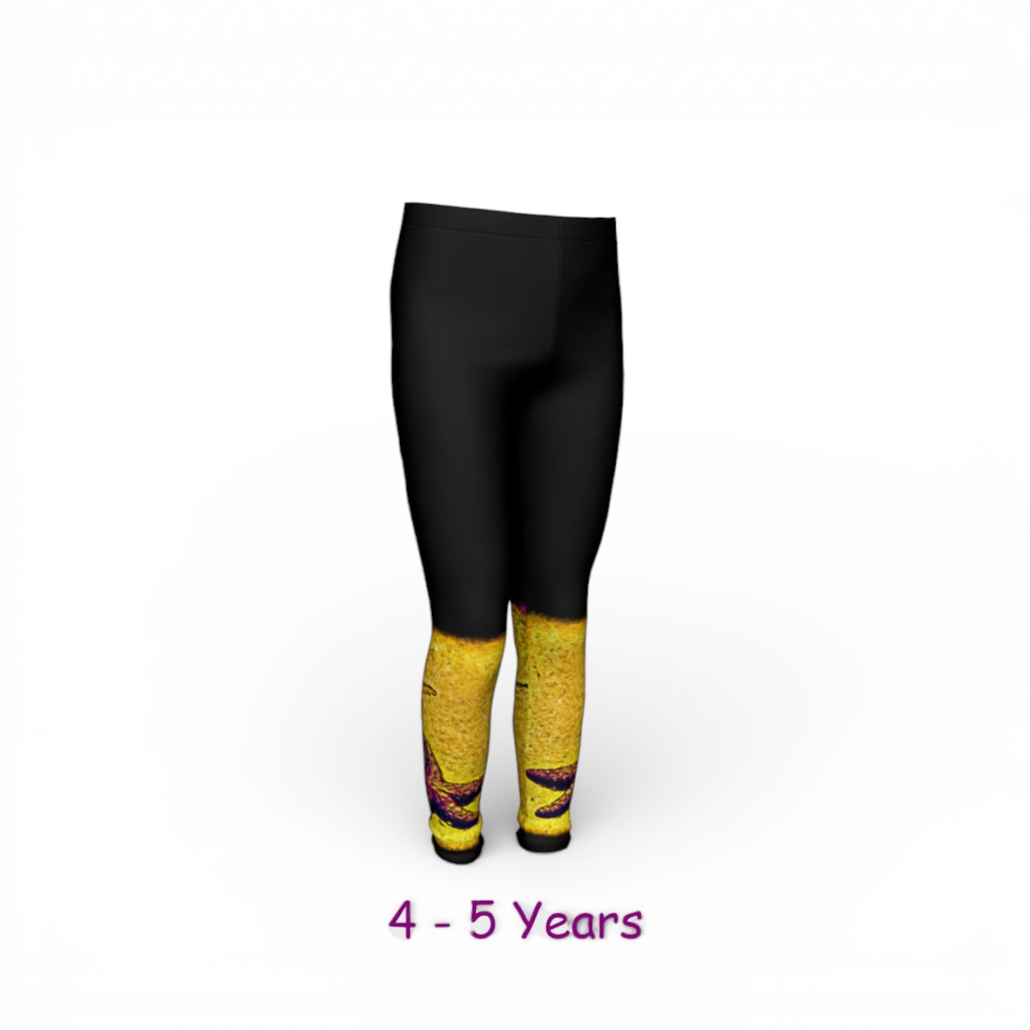Black leggings with yellow and purple accents on a white background