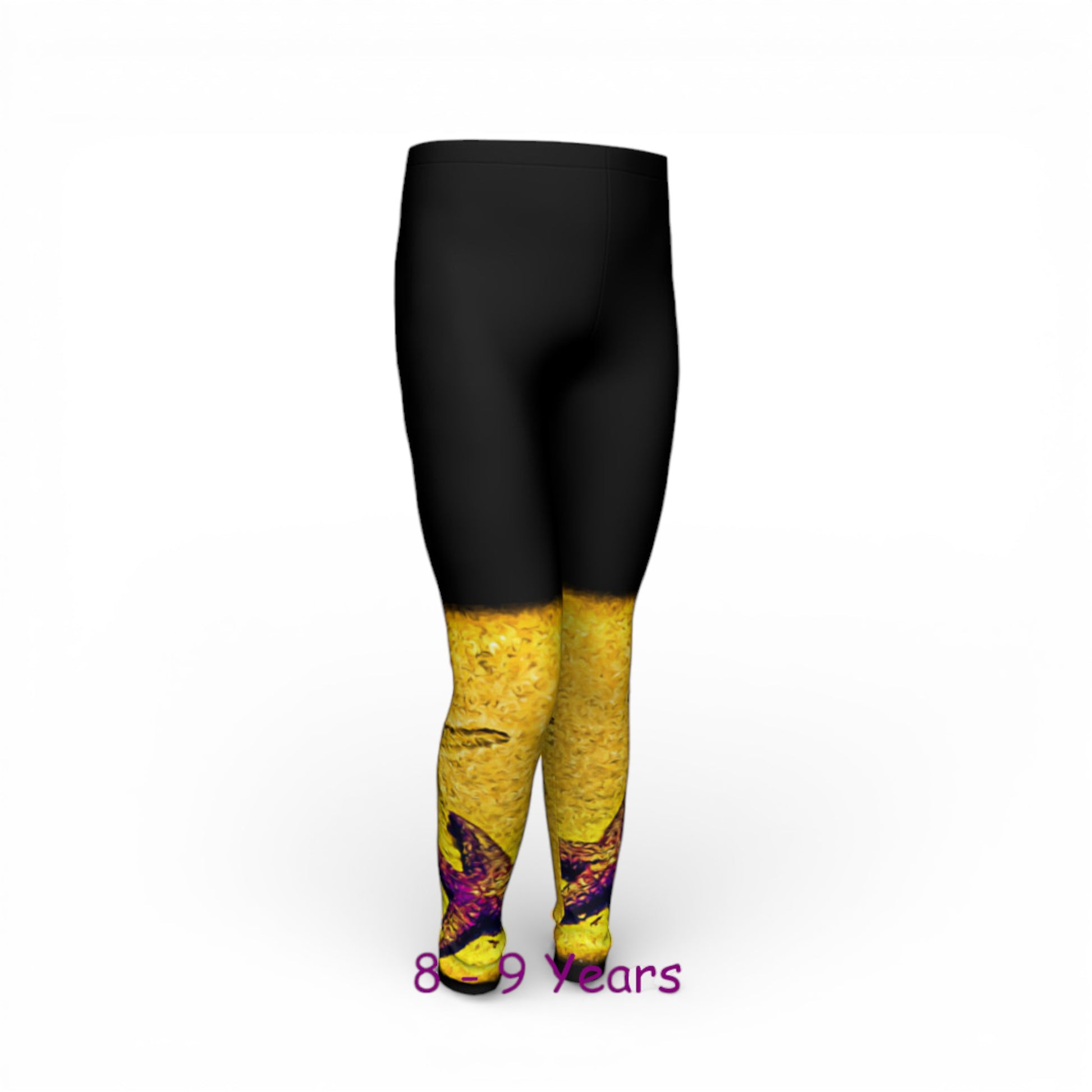 Black leggings with yellow patterned socks on a white background