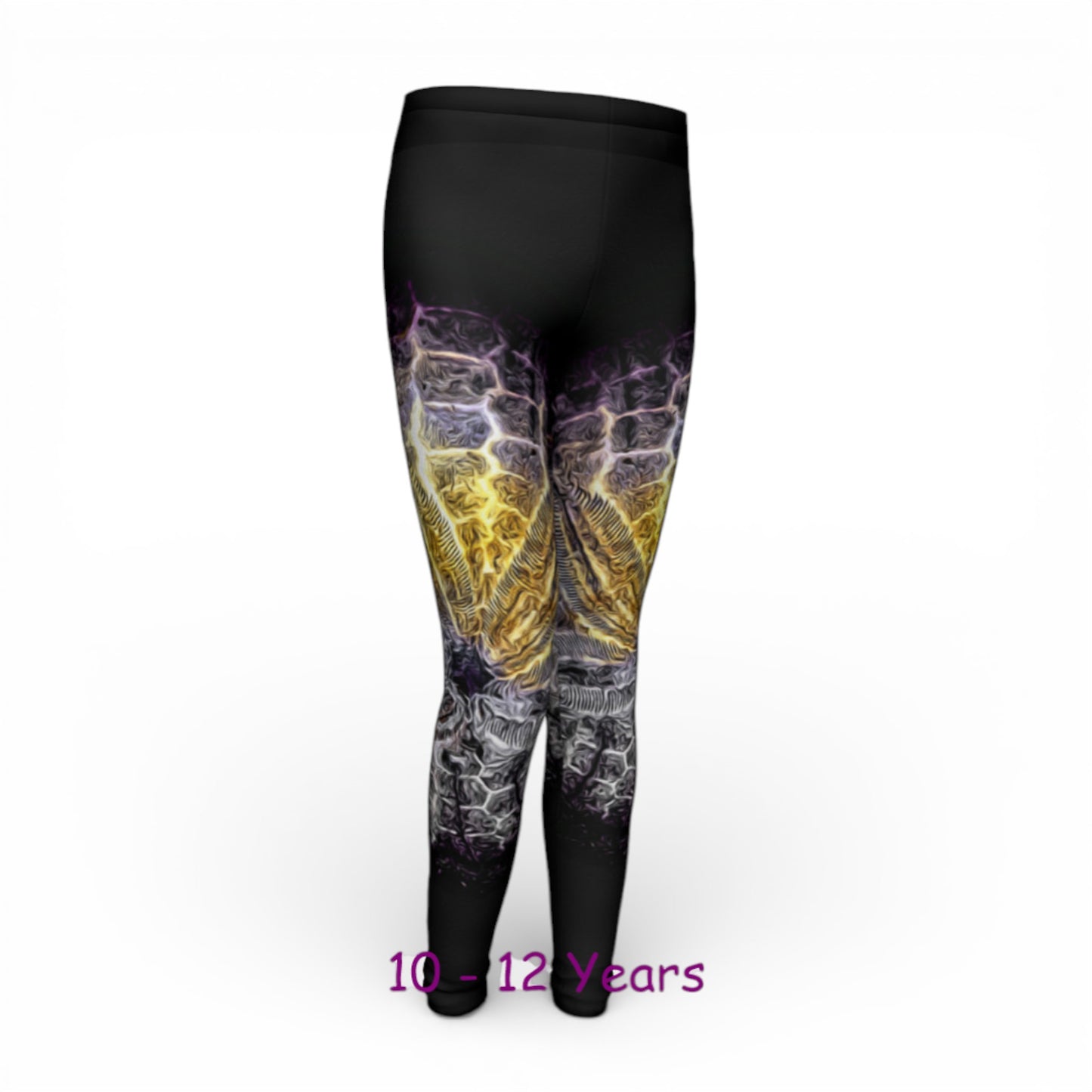 Black leggings with colorful abstract design on a white background