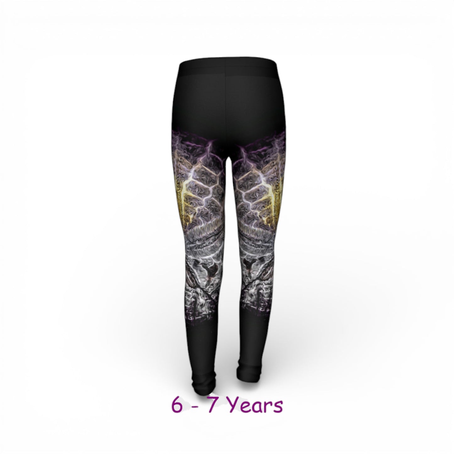 Black leggings with a colorful pattern on a white background