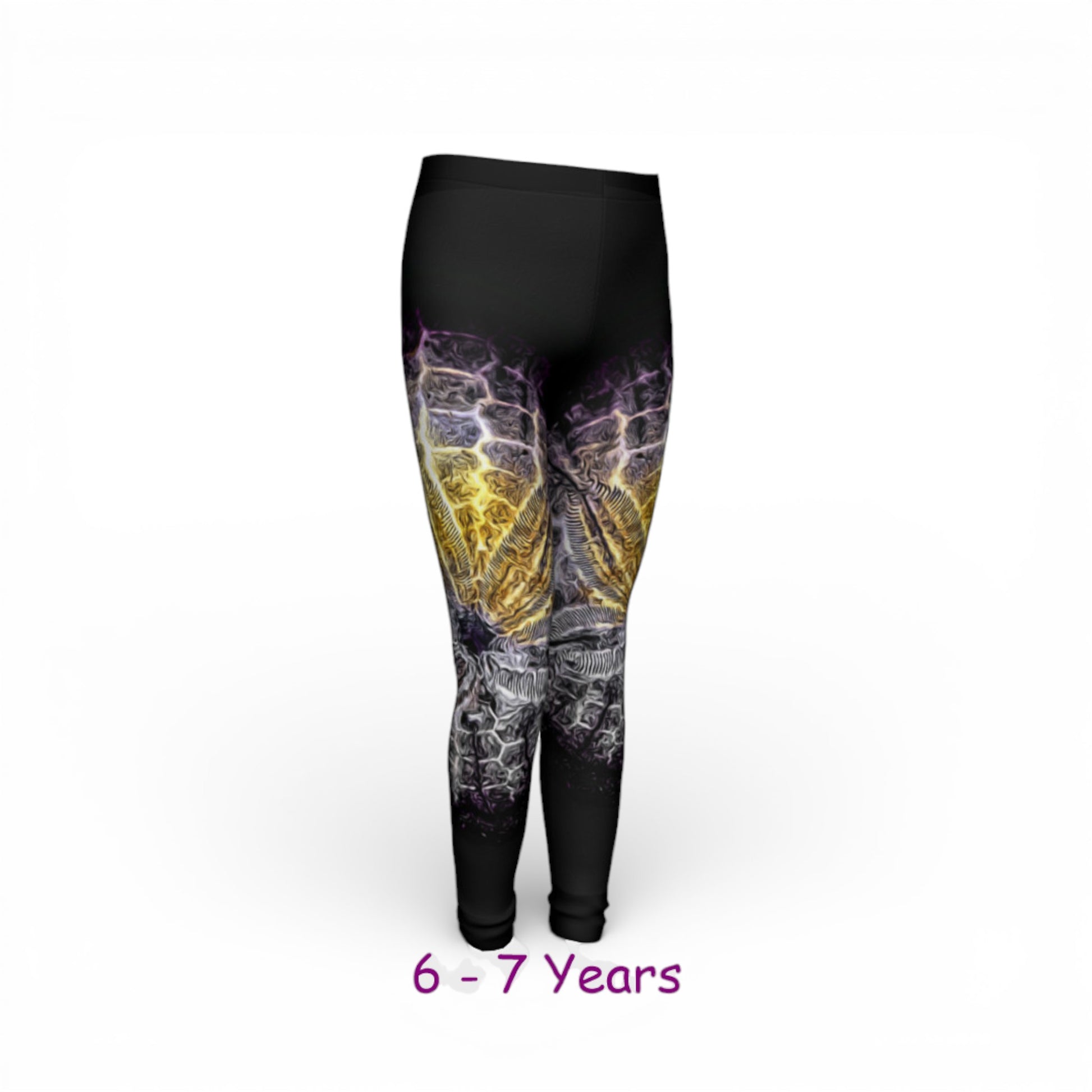 Black leggings with a colorful sand dollar design on a white background