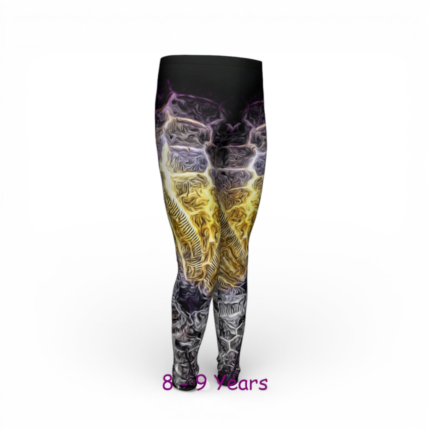Leggings with a colorful abstract design on a white background