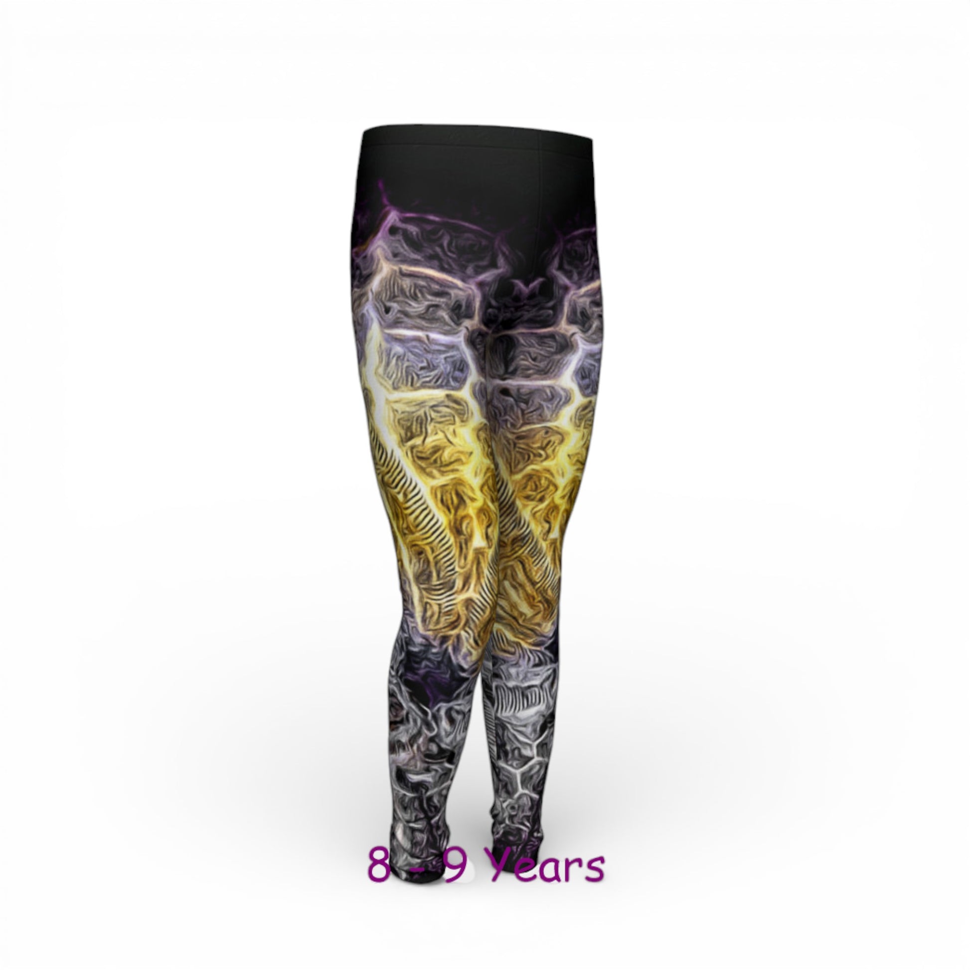 Leggings with a colorful abstract design on a white background
