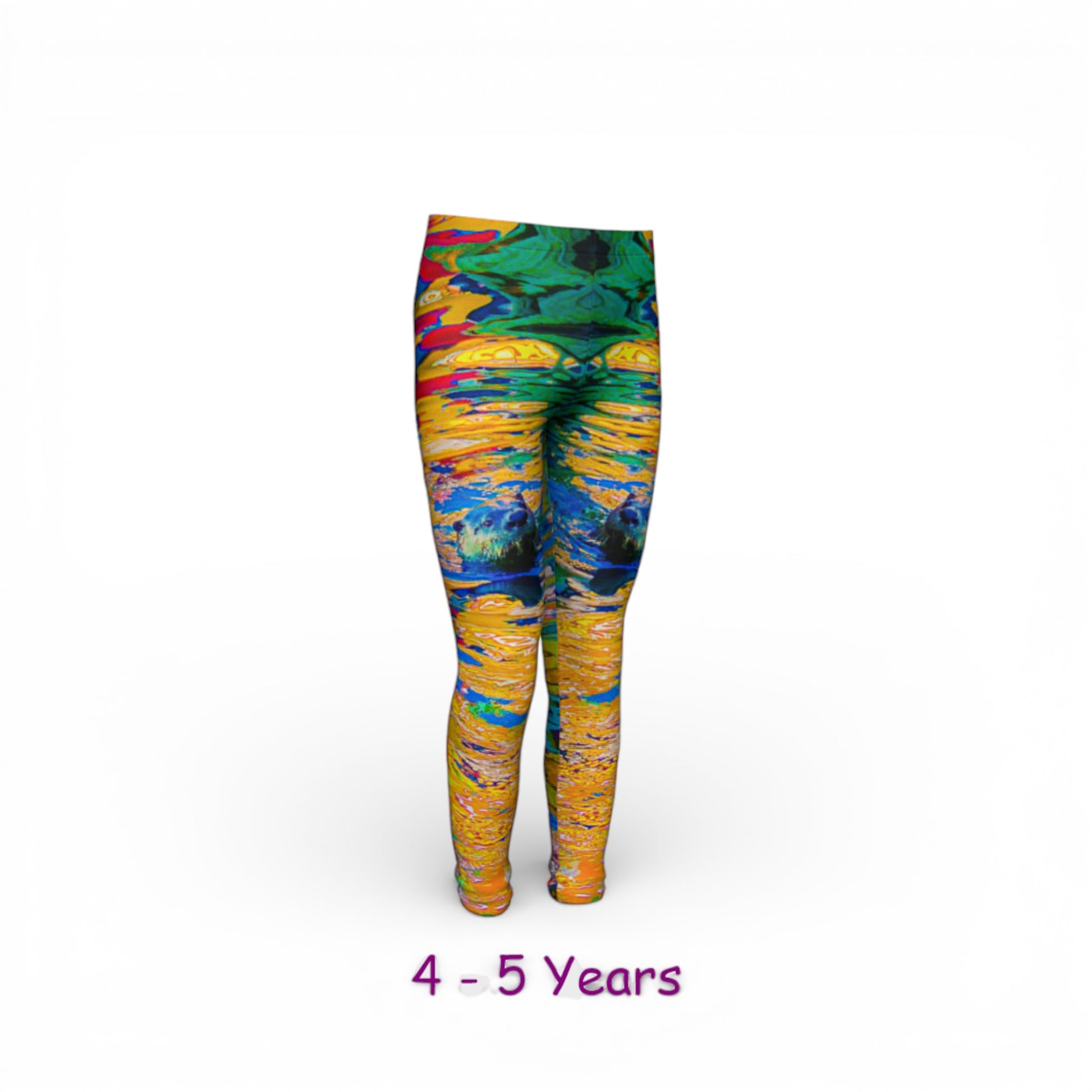 Colorful patterned leggings for children on a white background