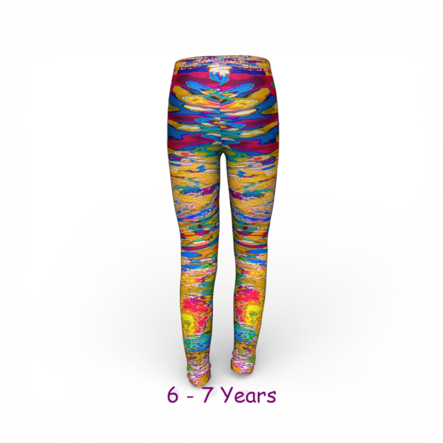 Colorful patterned leggings with size label '6 - 7 Years' on a white background
