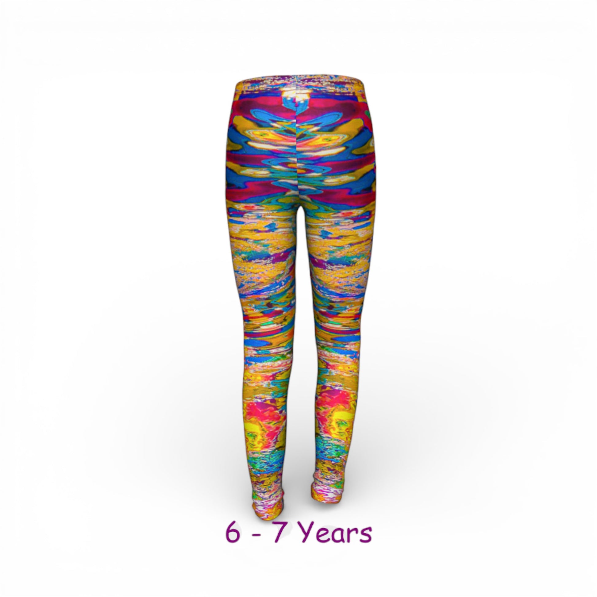 Colorful patterned leggings with size label '6 - 7 Years' on a white background