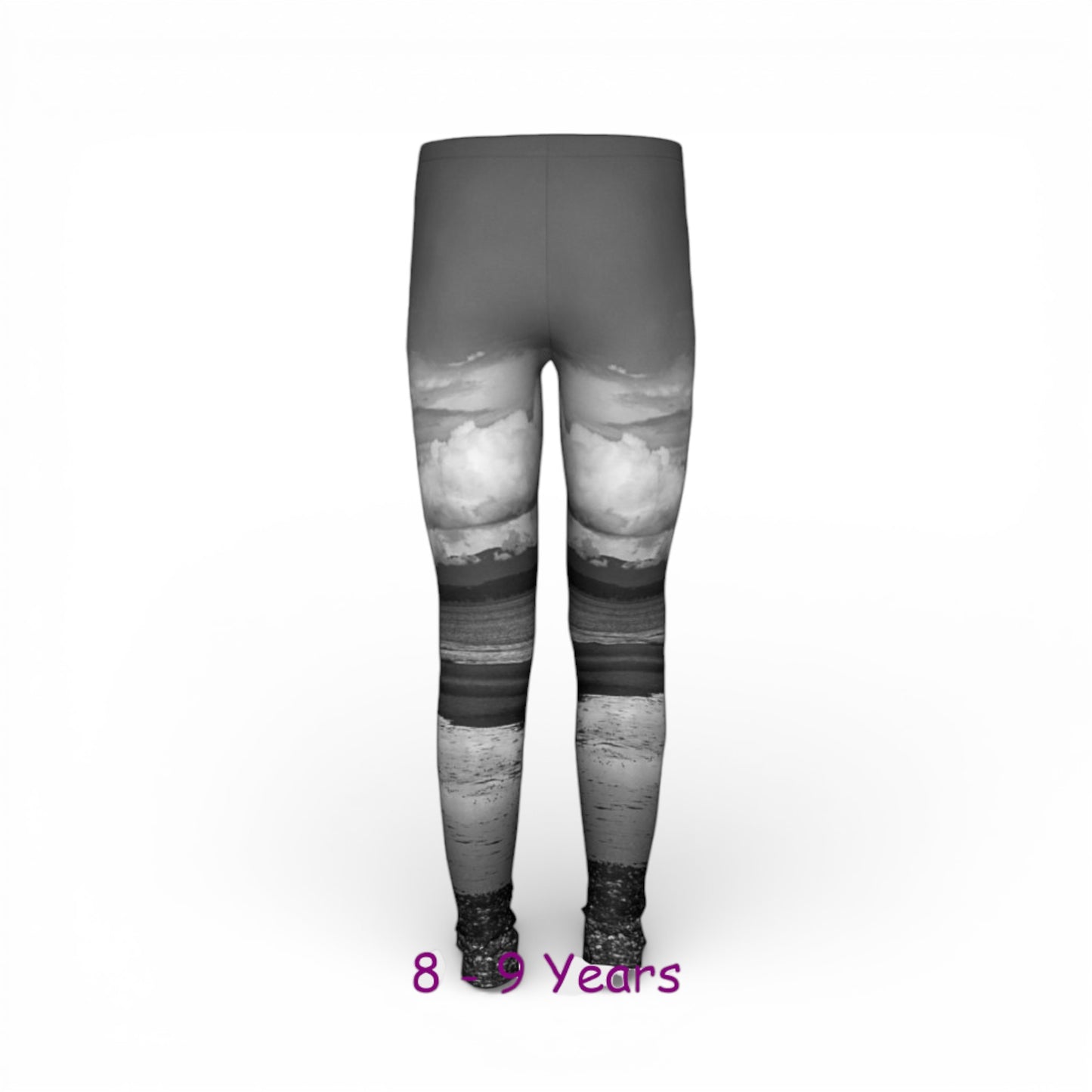 Gray leggings with a mountain landscape design on a white background