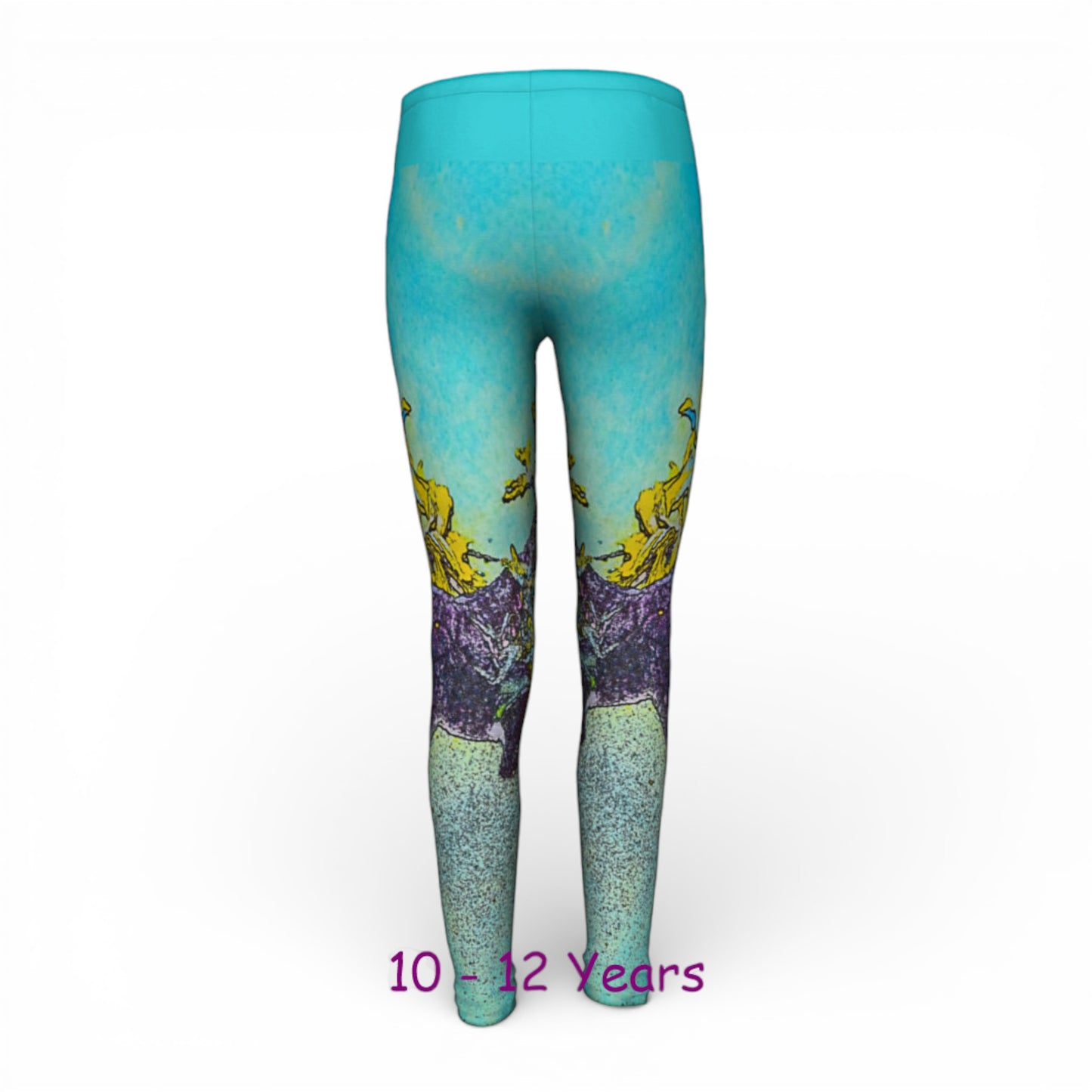 Colorful leggings with a design on a white background, size 10-12 years.