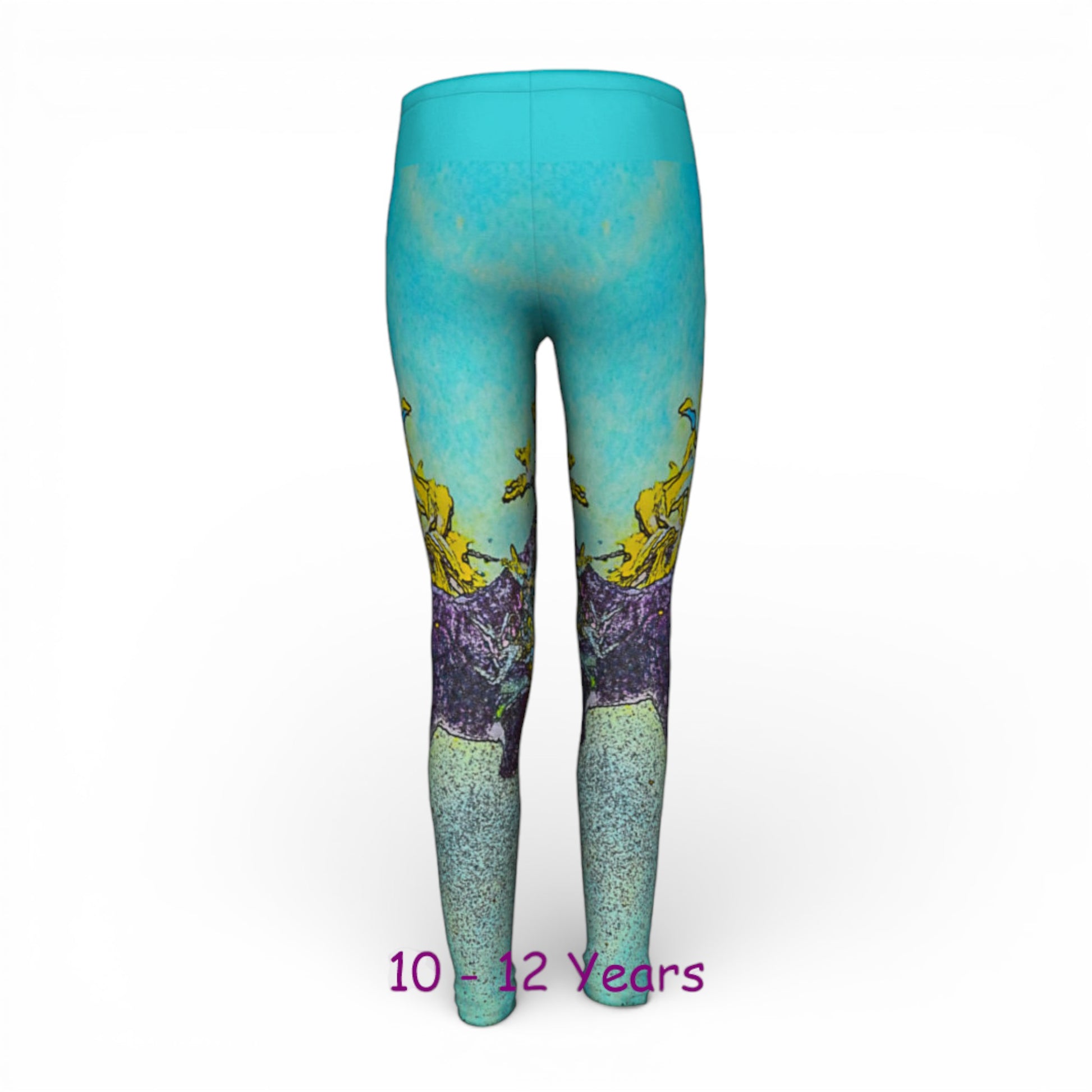 Colorful leggings with a design on a white background, size 10-12 years.