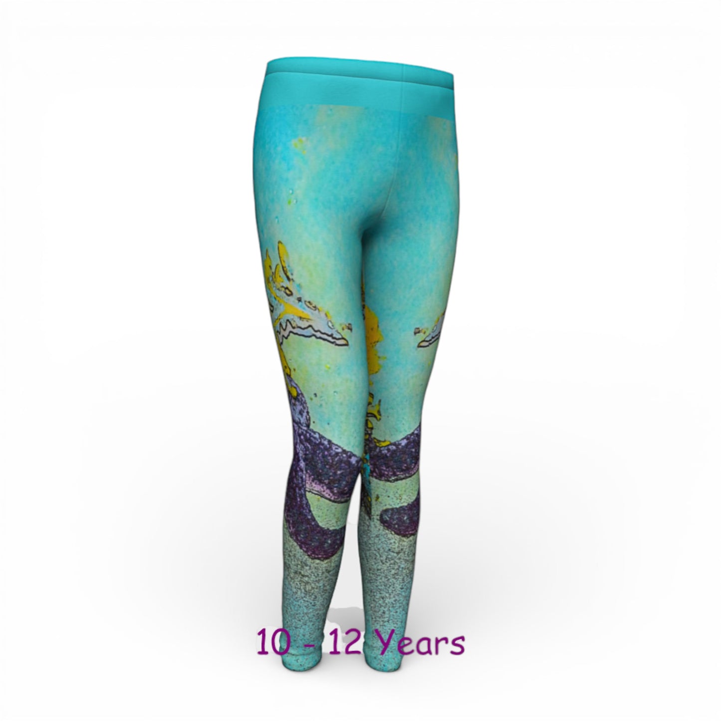 Turquoise leggings with mermaid design on a white background