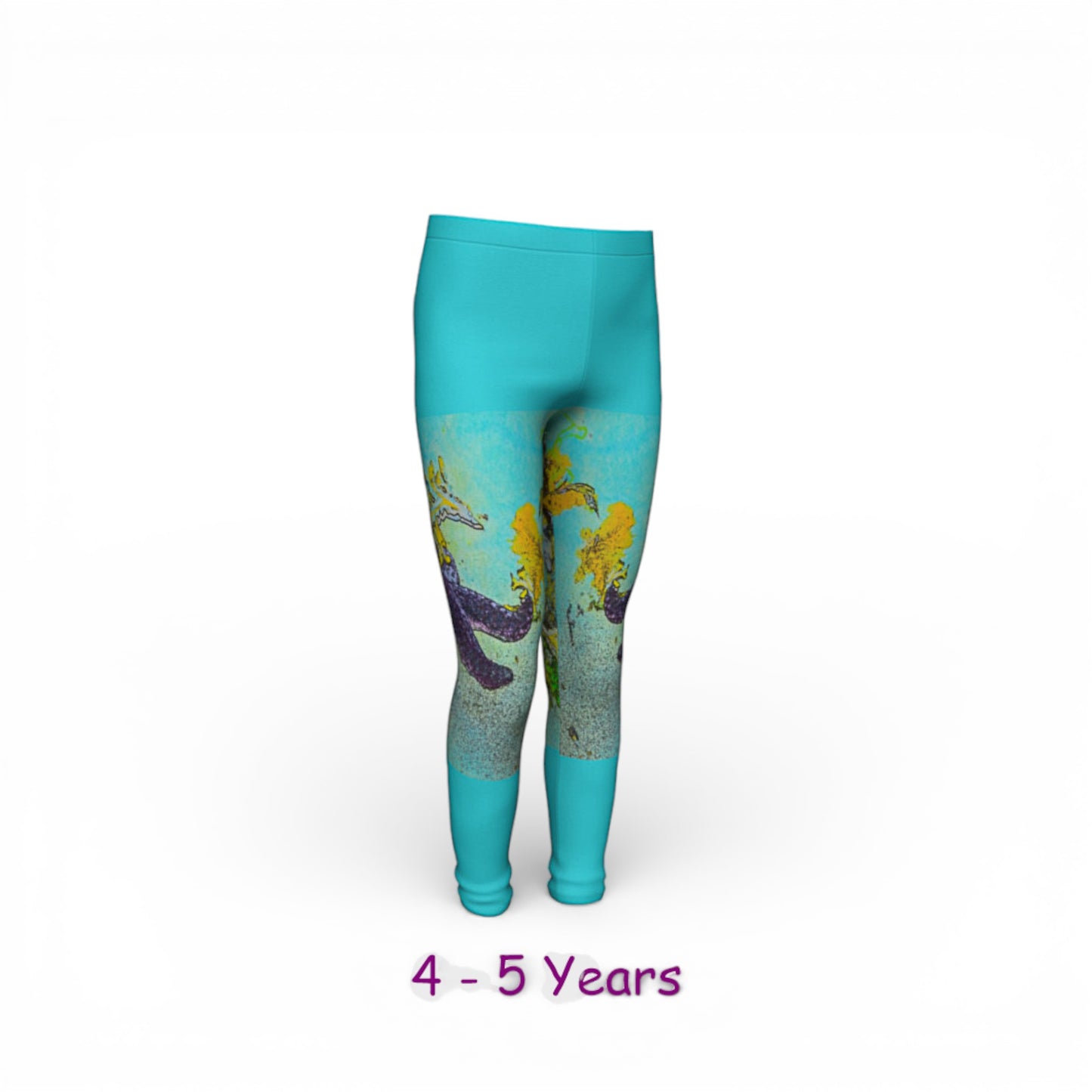 Turquoise leggings with a colorful pattern on a white background