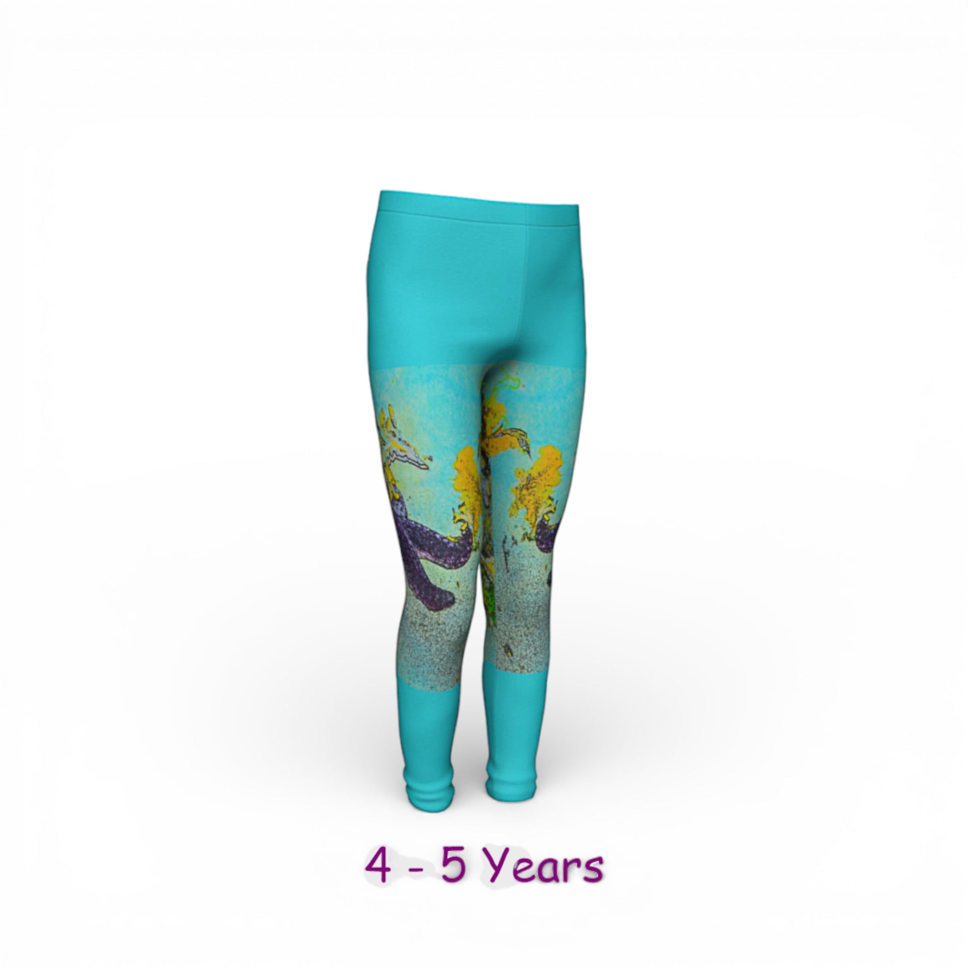 Turquoise leggings with a colorful pattern on a white background