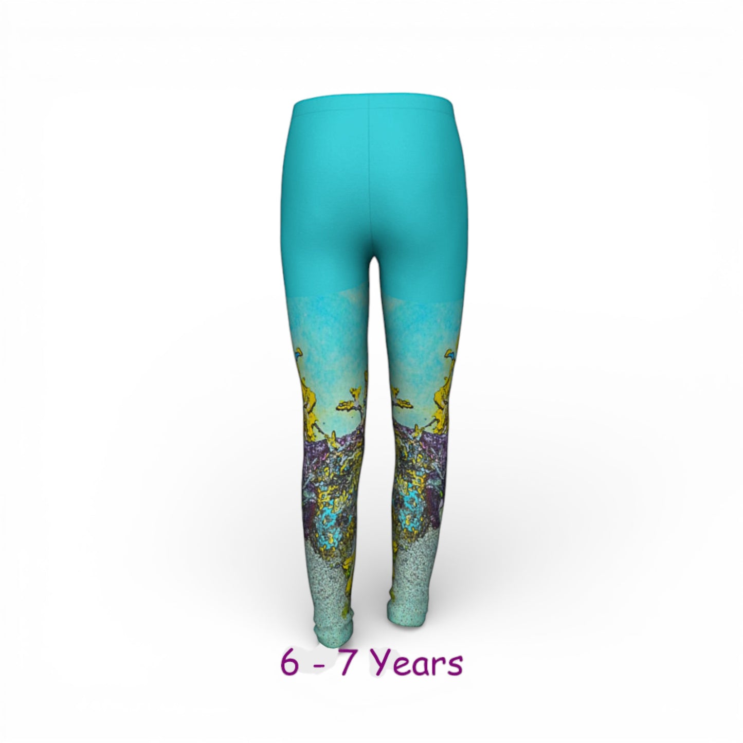 Turquoise leggings with a floral pattern on a white background