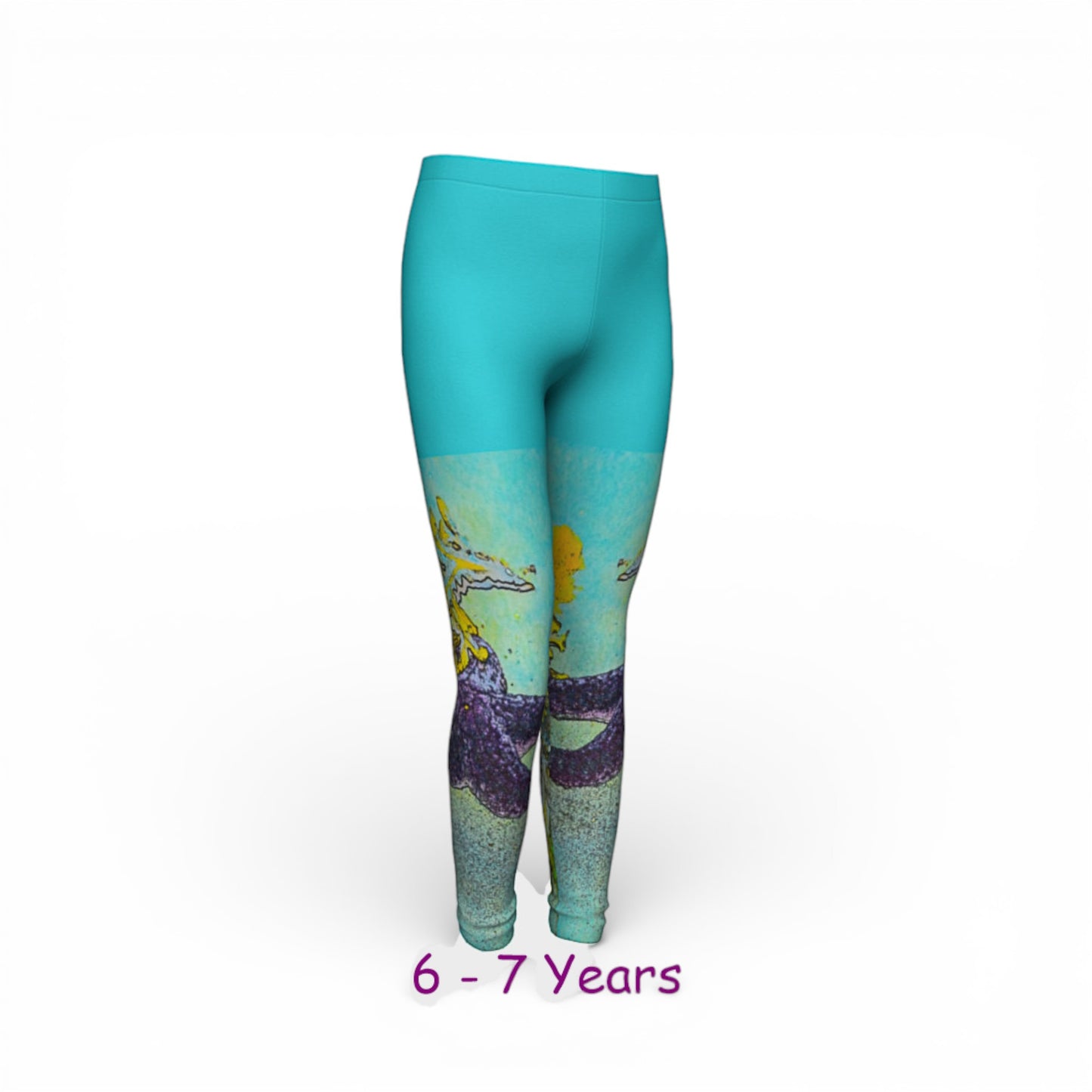 Turquoise leggings with a colorful design on a white background