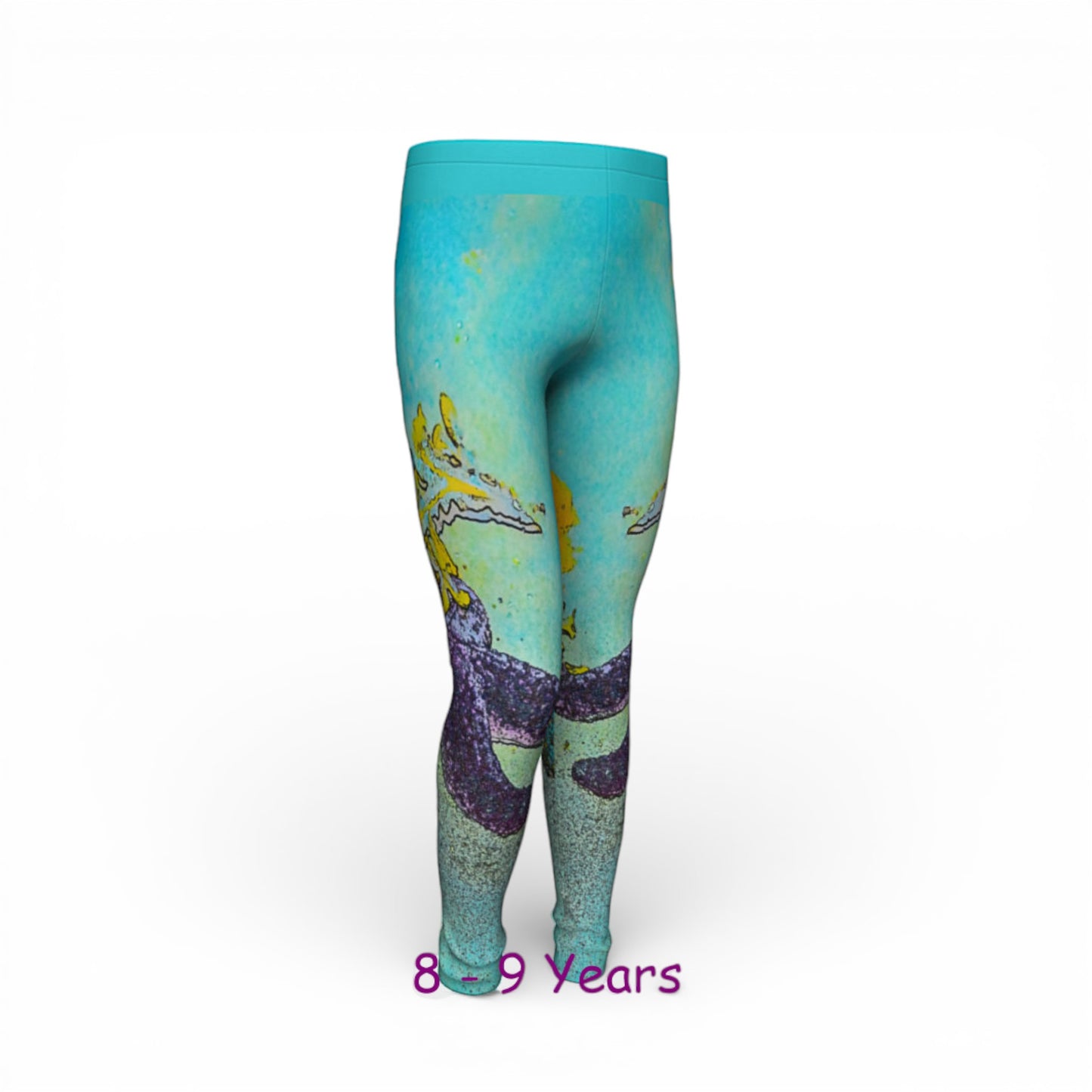Turquoise leggings with a colorful design on a white background