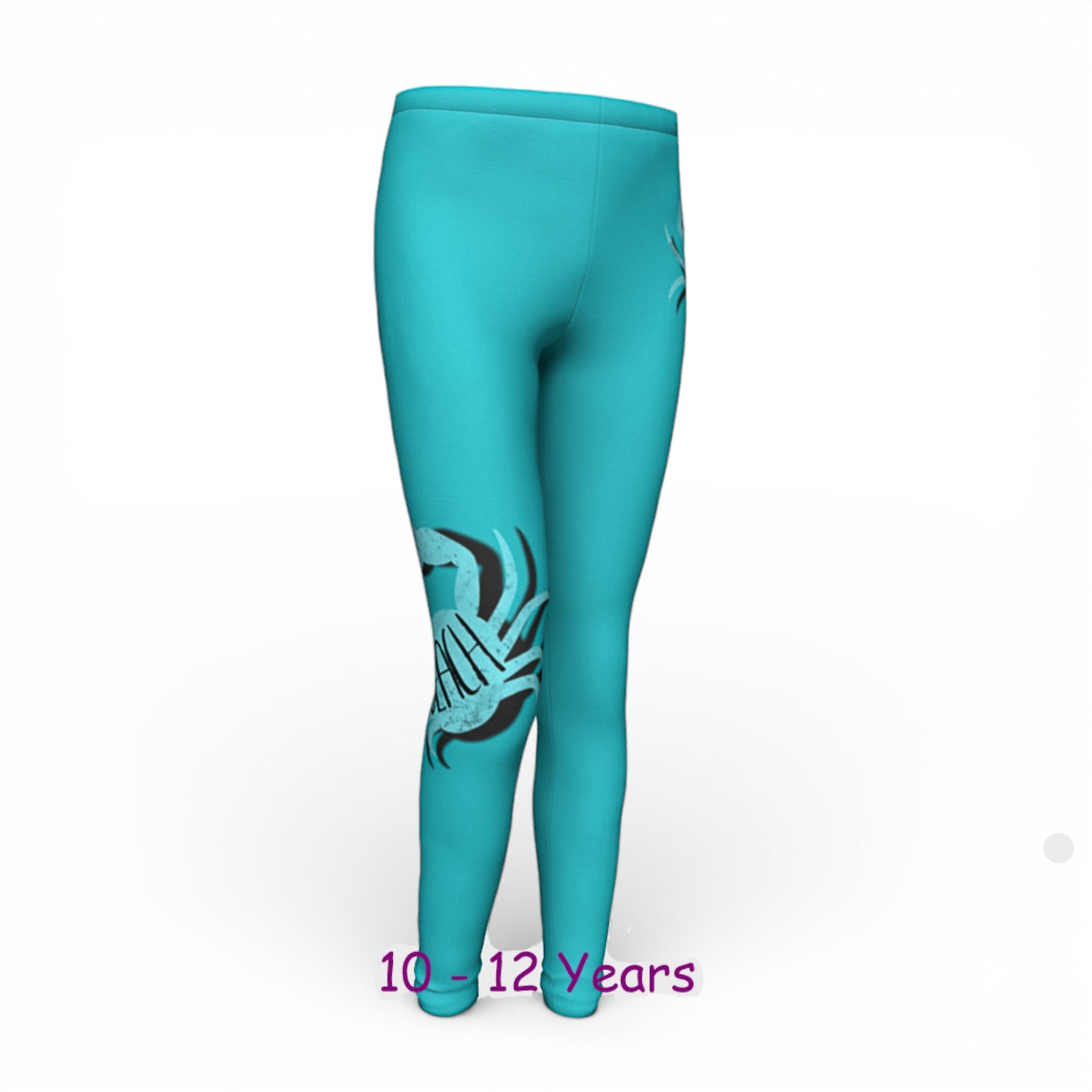Turquoise leggings with a design on a white background