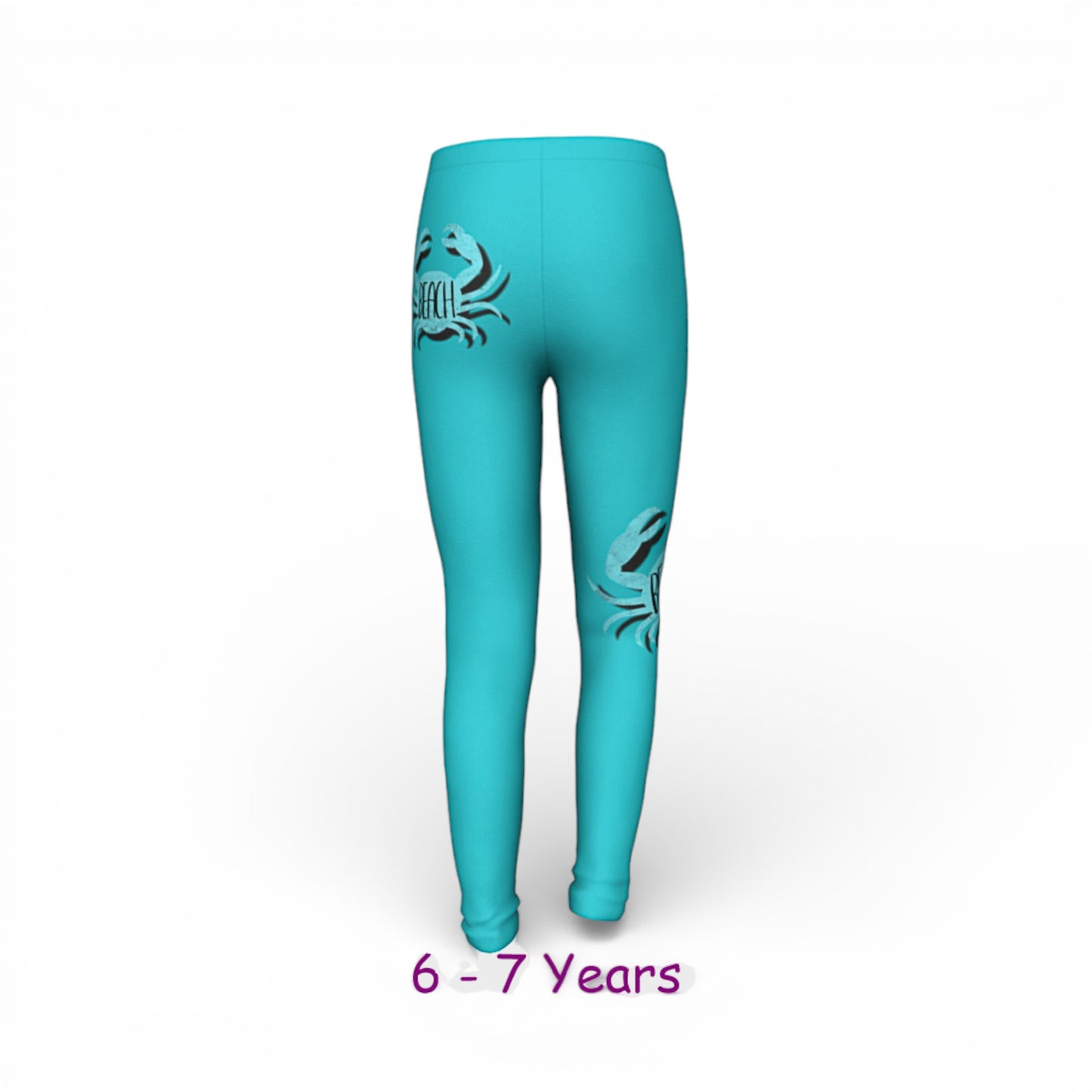 Turquoise leggings with crab design on a white background