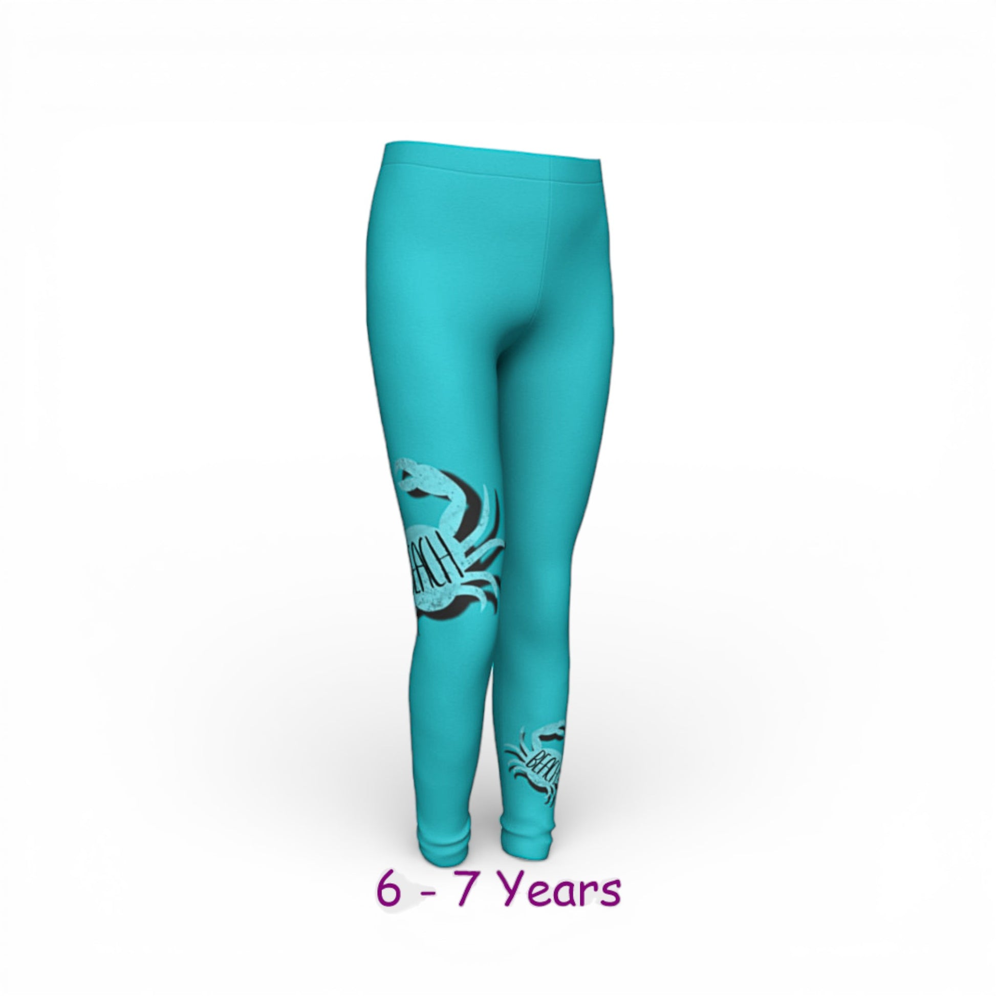 Turquoise leggings with a design on a white background, size 6-7 years.