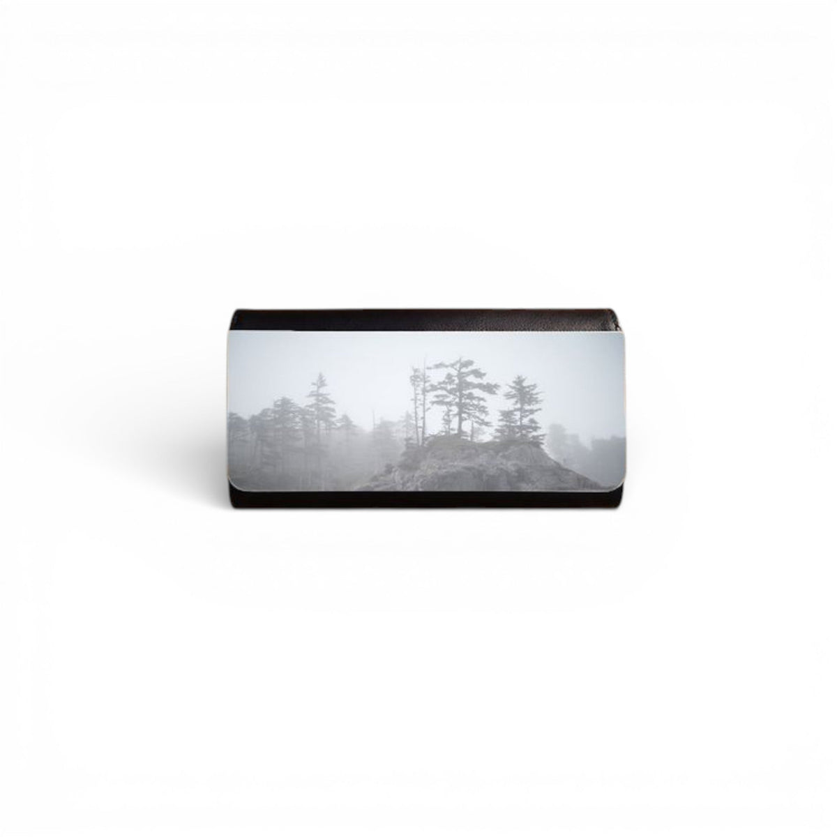 Van Isle Goddess Camille tri-fold vegan leather wallet featuring a misty West Coast ocean fog forest landscape print