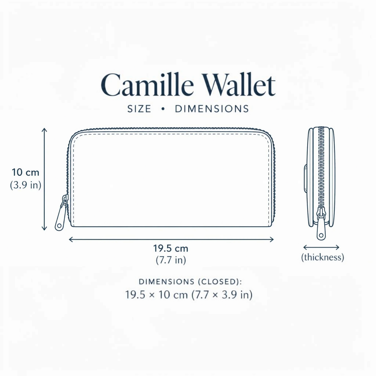 Van Isle Goddess Camille tri-fold vegan leather wallet dimensions diagram showing length, height, and thickness.