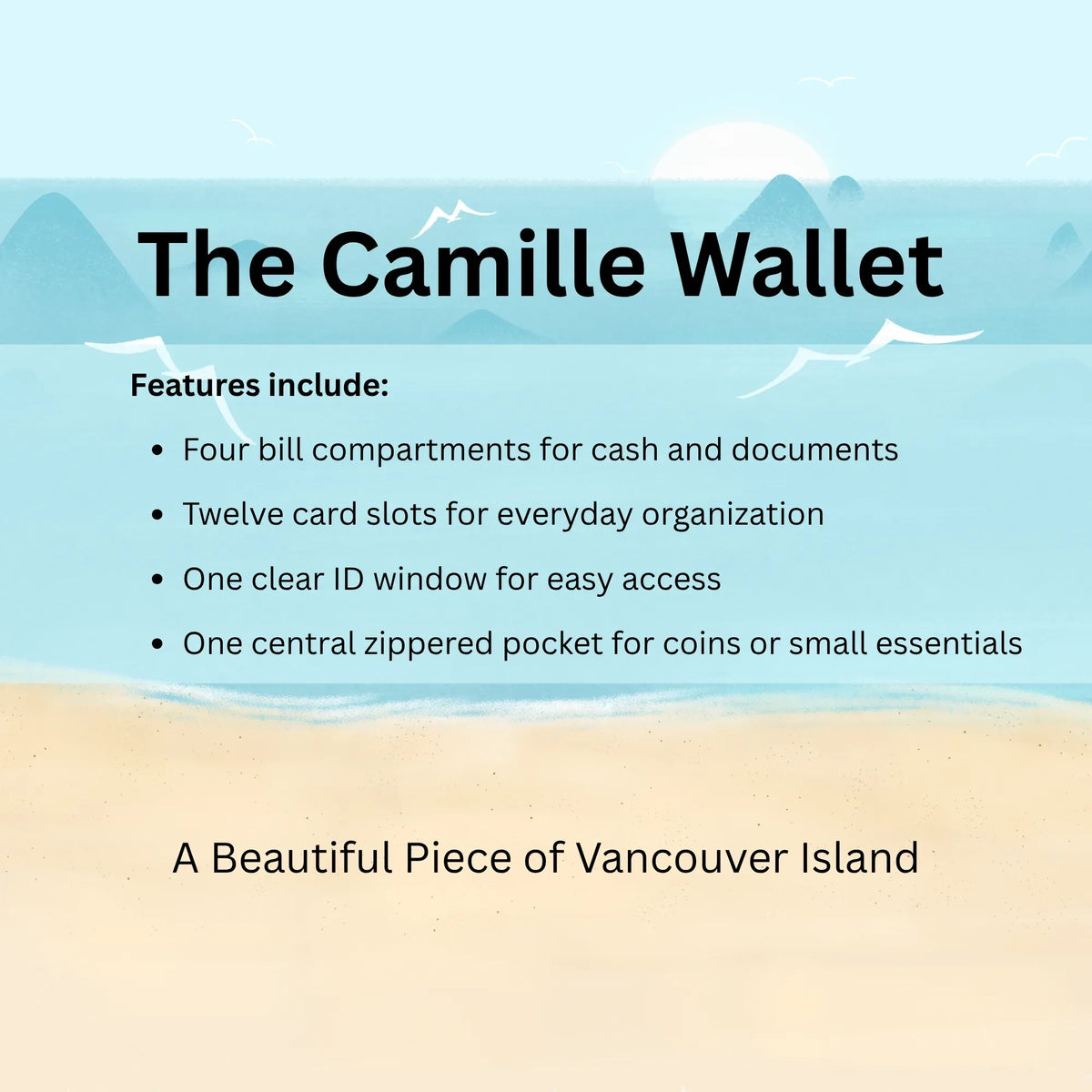 Van Isle Goddess Camille tri-fold vegan leather wallet features list on a coastal beach background