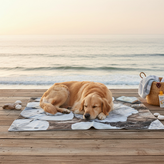 Van Isle Goddess Miracle Beach coastal blanket featuring sand dollars and driftwood print, made of double-thick minky polyester.