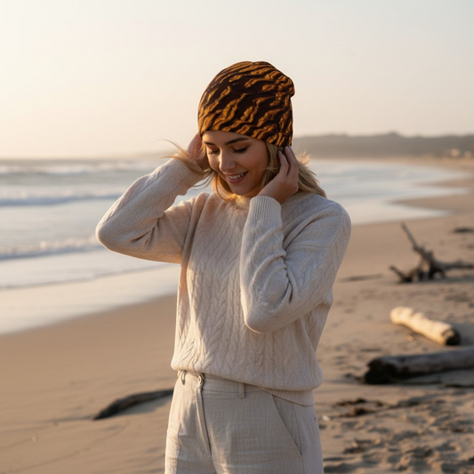 Van Isle Goddess Golden Sand Beanie with a brown and gold tiger stripe pattern, bamboo lining, slouchy fit.