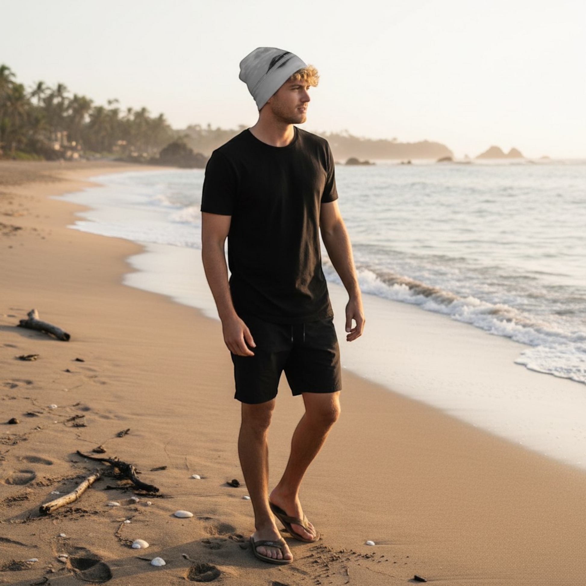 Van Isle Goddess Long Beach Tofino Beanie in light grey with a photography design, made from polyester and spandex blend with bamboo lining.