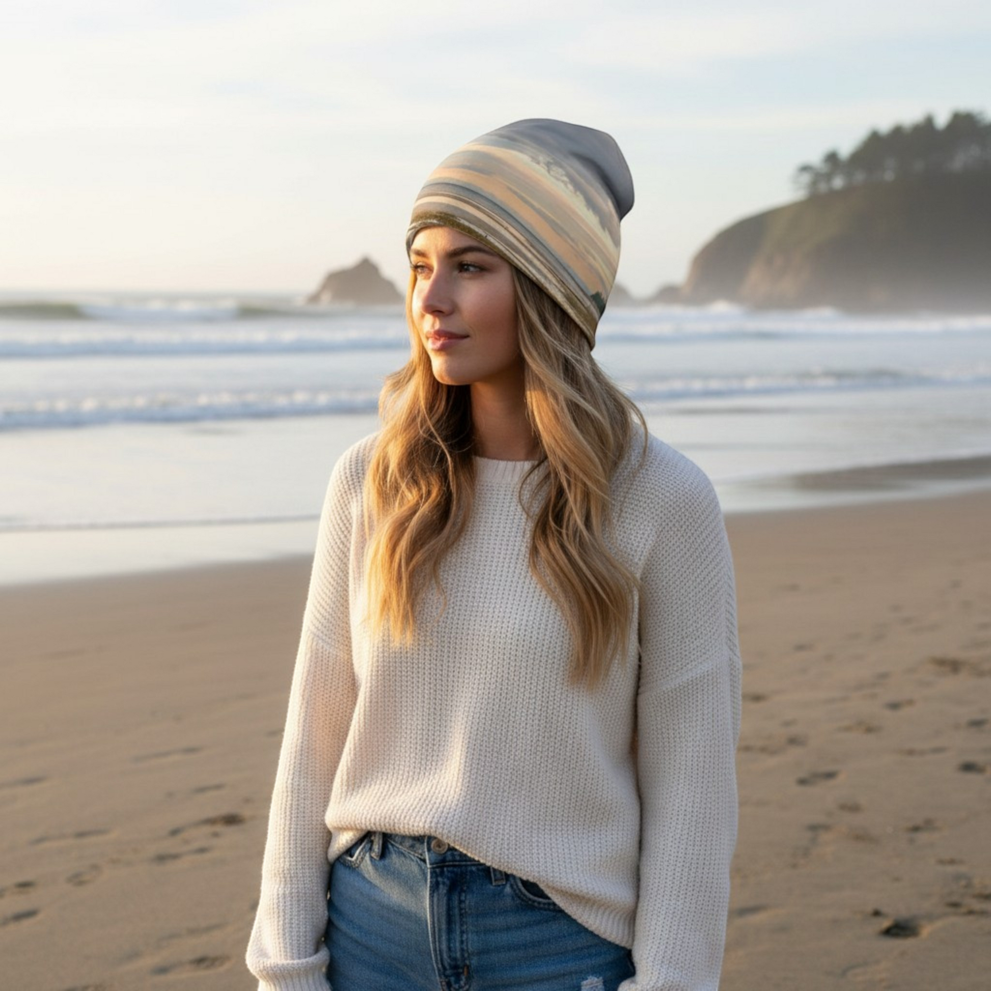 Van Isle Goddess Miracle Beach Beanie with a sunset landscape print, soft bamboo lining, and slouchy design.