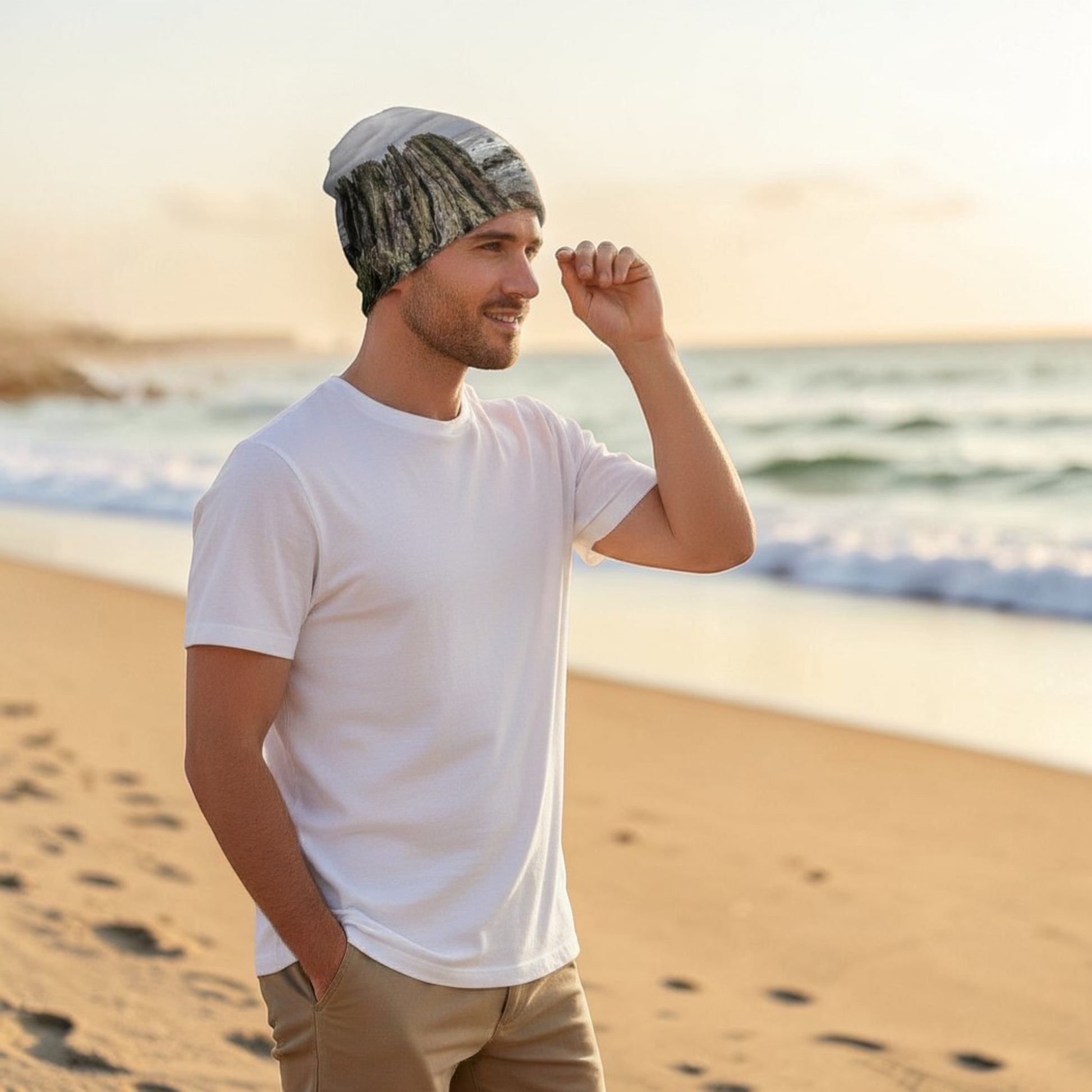 Van Isle Goddess Gray Day Qualicum Beach Beanie with bamboo lining, featuring a rocky coastal print.