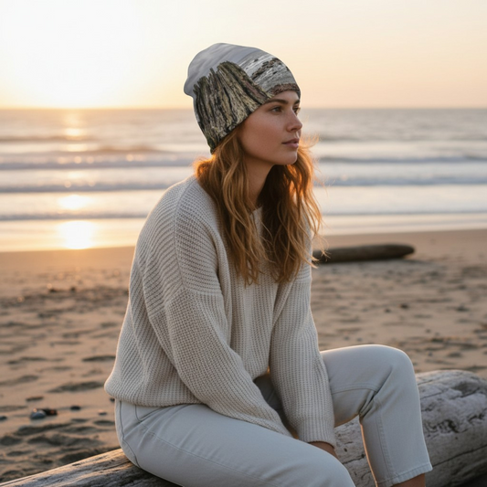 Van Isle Goddess Gray Day Qualicum Beach Beanie with a driftwood print, bamboo lining, perfect for outdoor activities.
