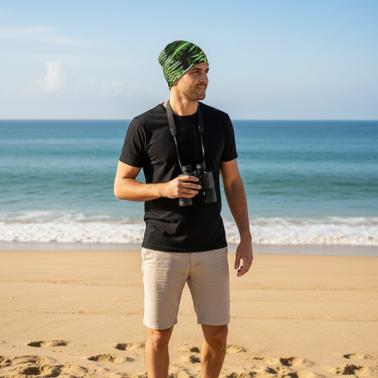 Van Isle Goddess men's slouchy beanie with green fern print, bamboo lining, polyester/spandex blend.