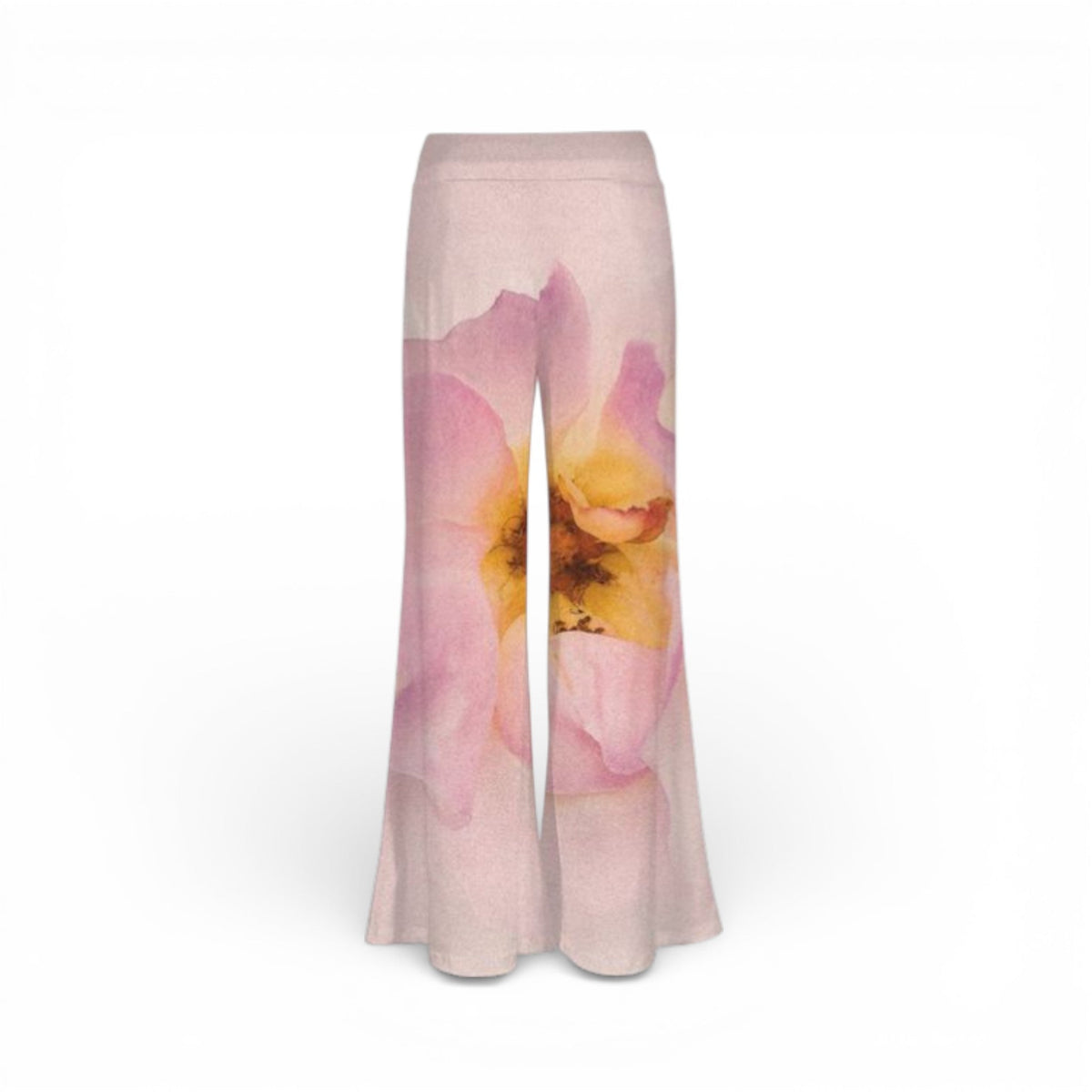 Van Isle Goddess Center of My Universe Rose Carla Palazzo pants in pink ITY knit with a wide-leg floral print design.