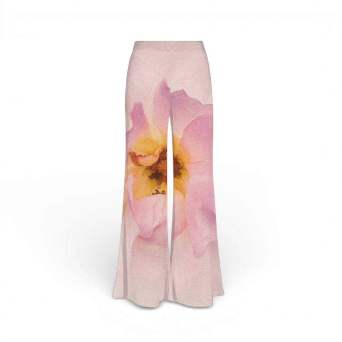 Van Isle Goddess Center of My Universe Rose Carla Palazzo pants in pink ITY knit with a wide-leg floral print design.