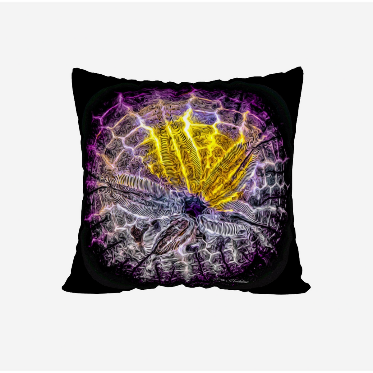 Van Isle Goddess square throw pillow cover featuring a vibrant spotlight sand dollar design in purple and yellow