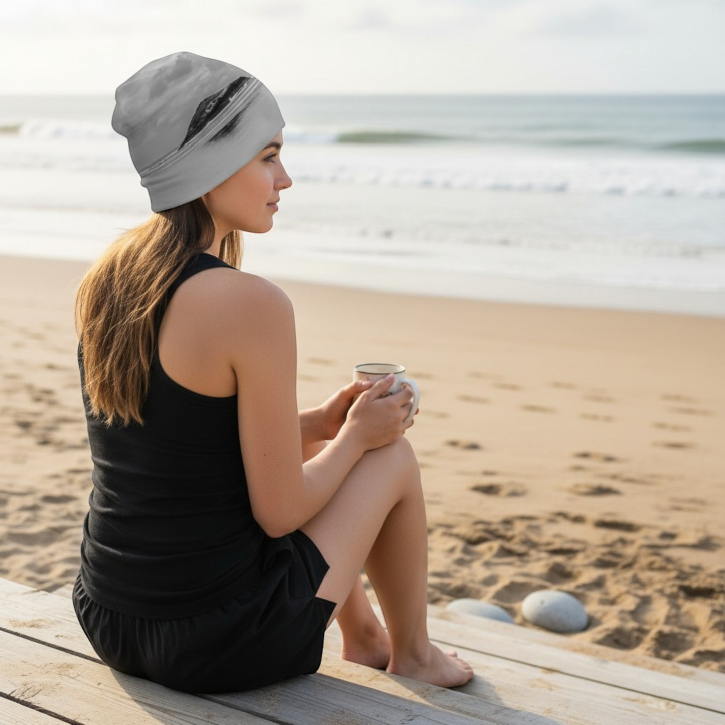 Van Isle Goddess Long Beach Tofino Beanie with a black and white island photography print, bamboo lined, unisex slouchy fit.