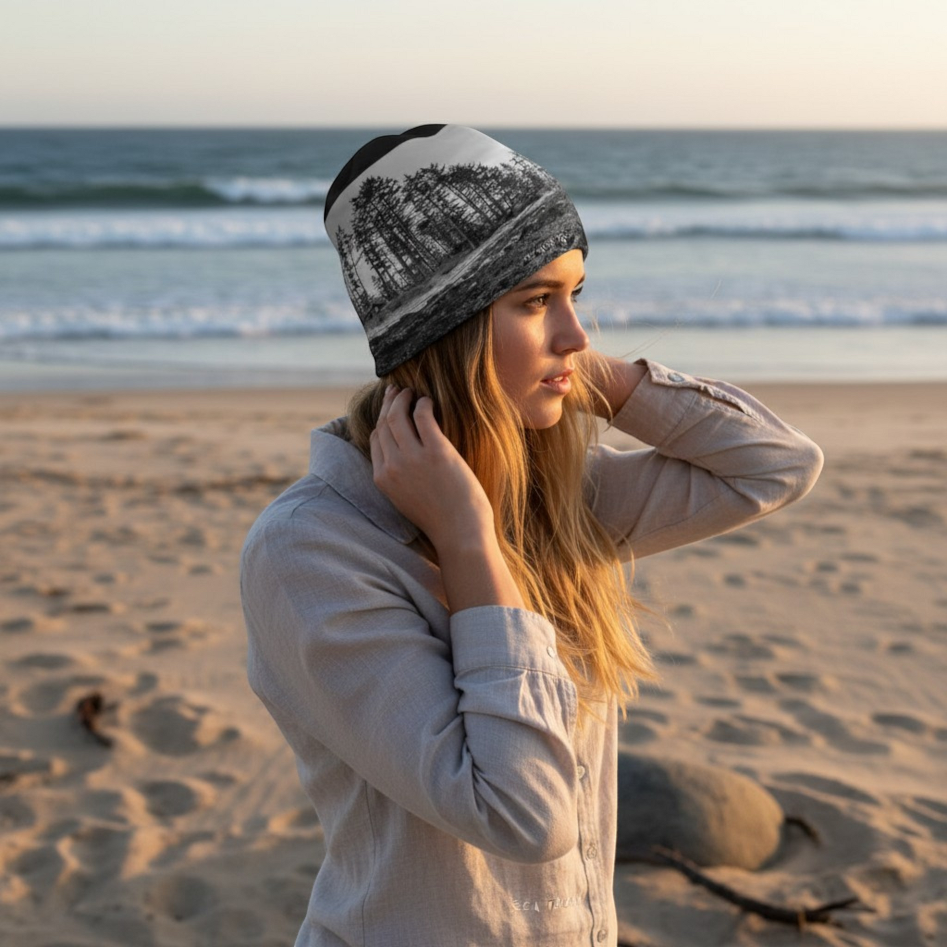 Van Isle Goddess Big Beach Ucluelet Beanie with bamboo lining and forest print. Slouchy design for beach, hiking, or under helmets.