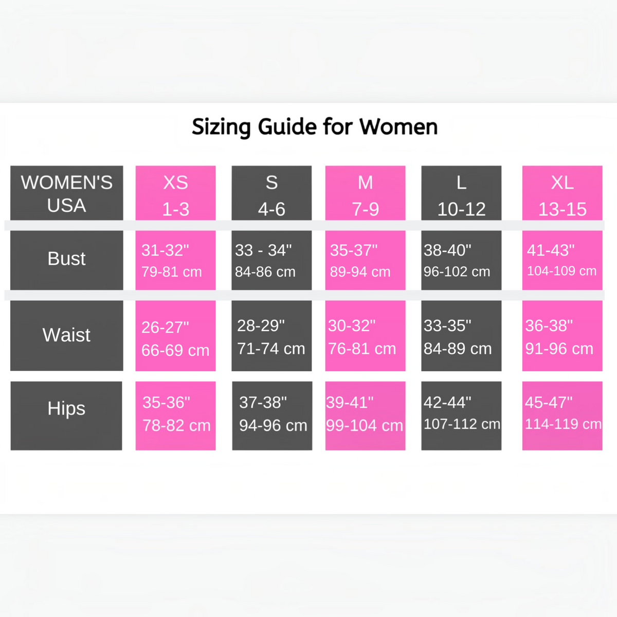 Van Isle Goddess women's sizing guide chart for XS to XL with bust, waist, and hip measurements in inches and cm.