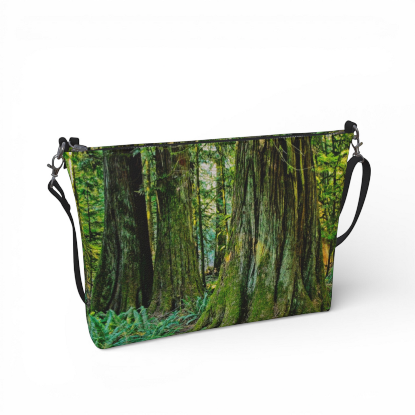 Van Isle Goddess crossbody purse with Cathedral Grove forest print, vegan leather, adjustable strap.