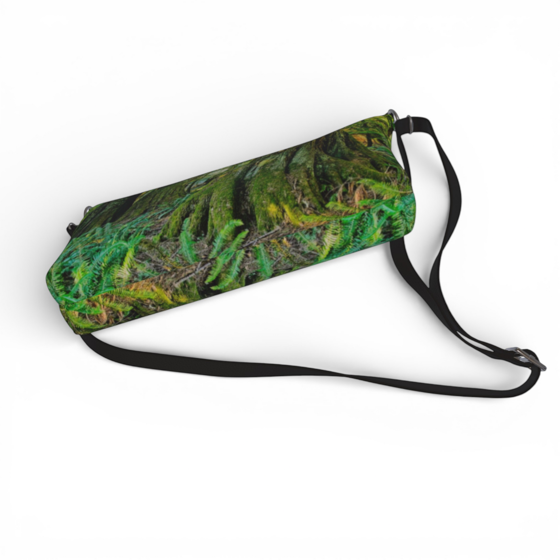 Van Isle Goddess Cathedral Grove vegan leather crossbody purse with forest print and adjustable strap.