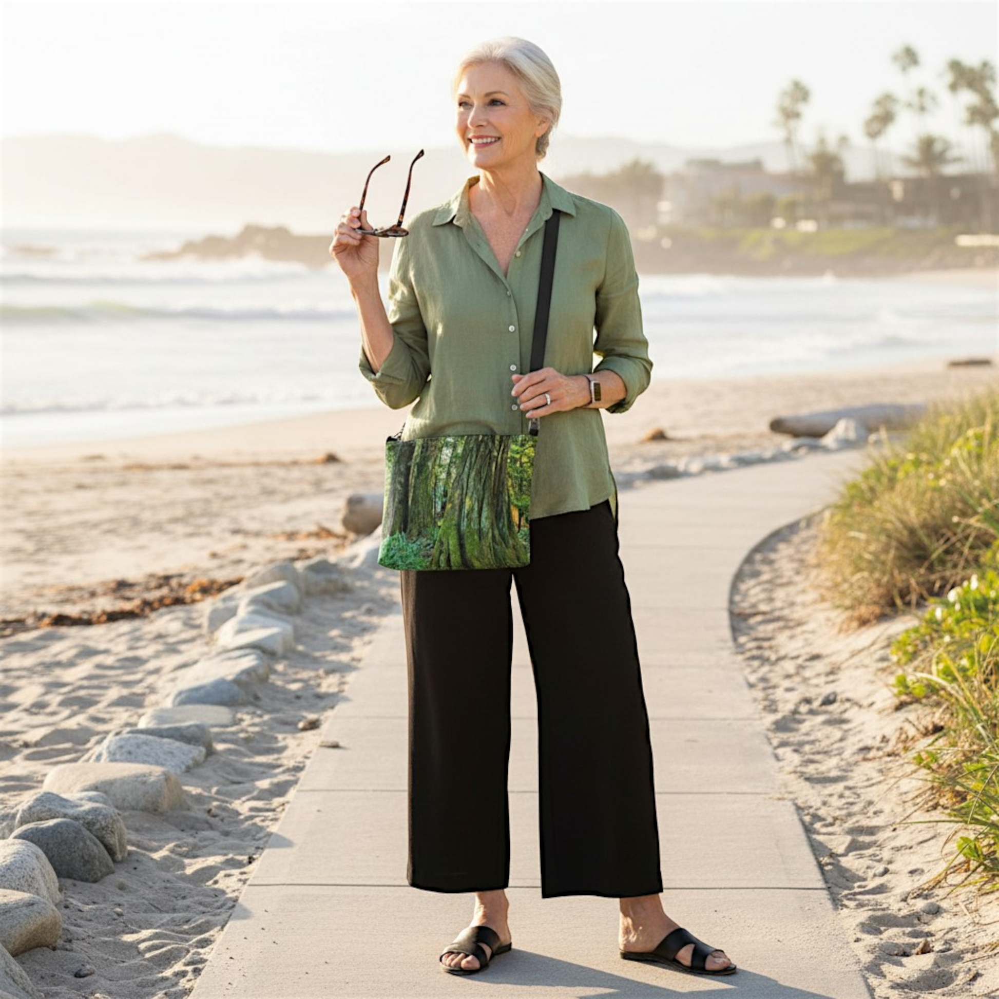 Van Isle Goddess Ancients Cathedral Grove vegan leather crossbody purse with forest print, adjustable strap, and metal hardware.