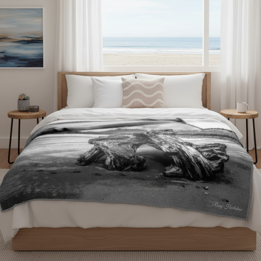 Van Isle Goddess Driftwood Monument Port Renfrew black and white coastal blanket. Soft minky polyester.