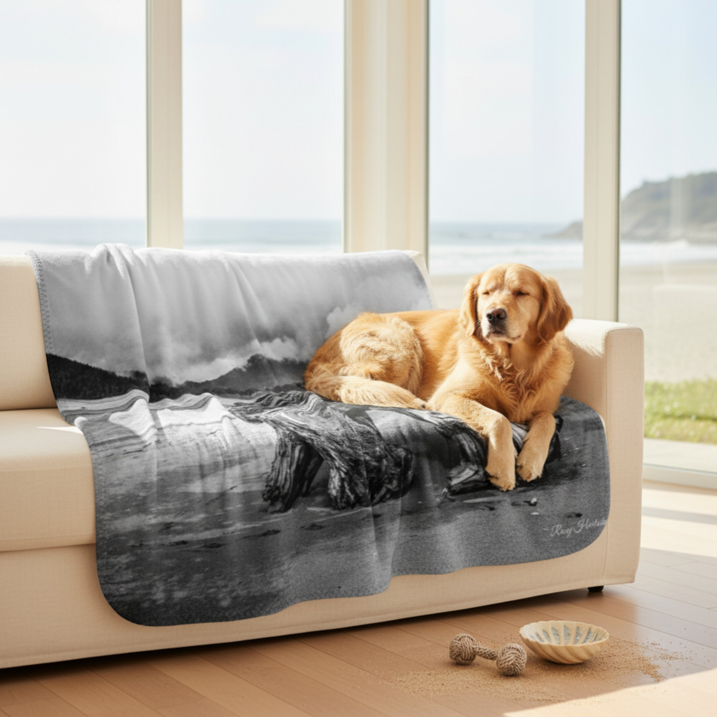 Van Isle Goddess Driftwood Monument Port Renfrew black and white coastal blanket. Double-thick minky polyester.