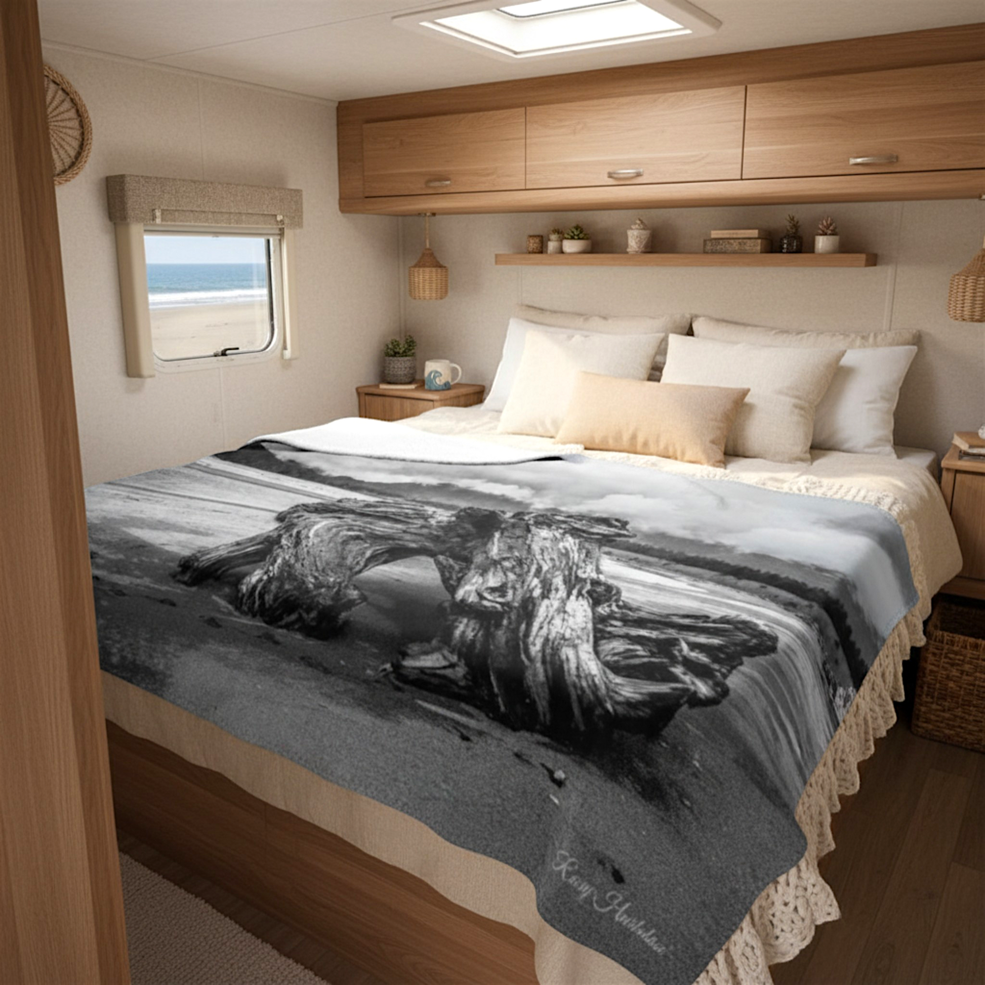 Van Isle Goddess Driftwood Monument Port Renfrew black and white coastal blanket. Soft minky polyester.