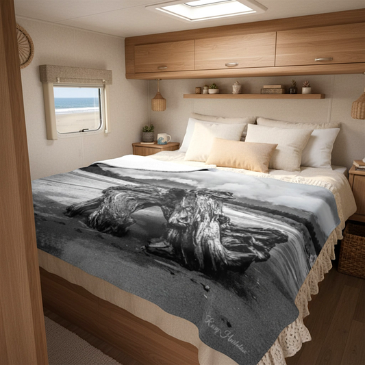 Van Isle Goddess Driftwood Monument Port Renfrew black and white coastal blanket. Soft minky polyester.
