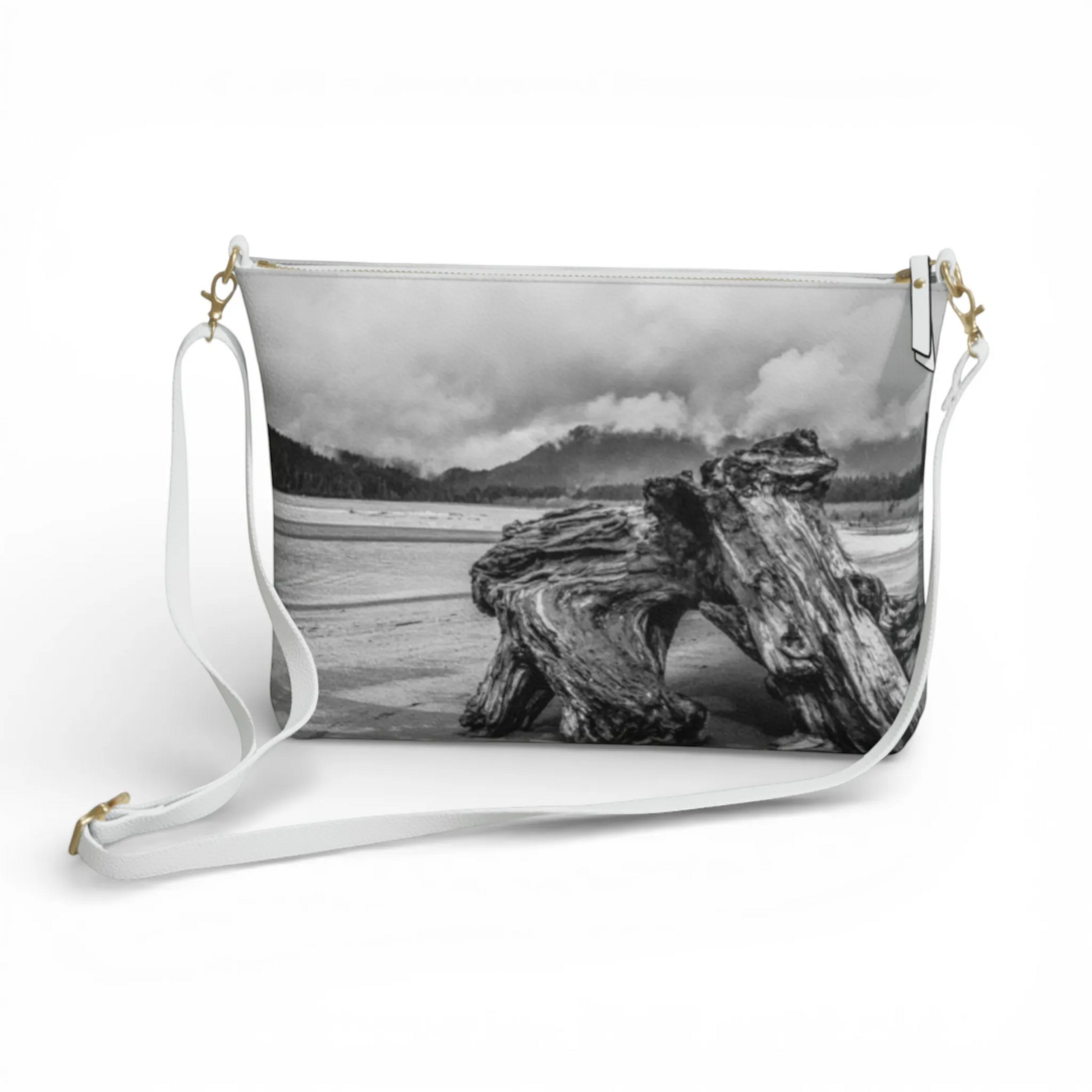 Van Isle Goddess Driftwood Monument Port Renfrew vegan leather crossbody purse with adjustable strap and metal hardware.