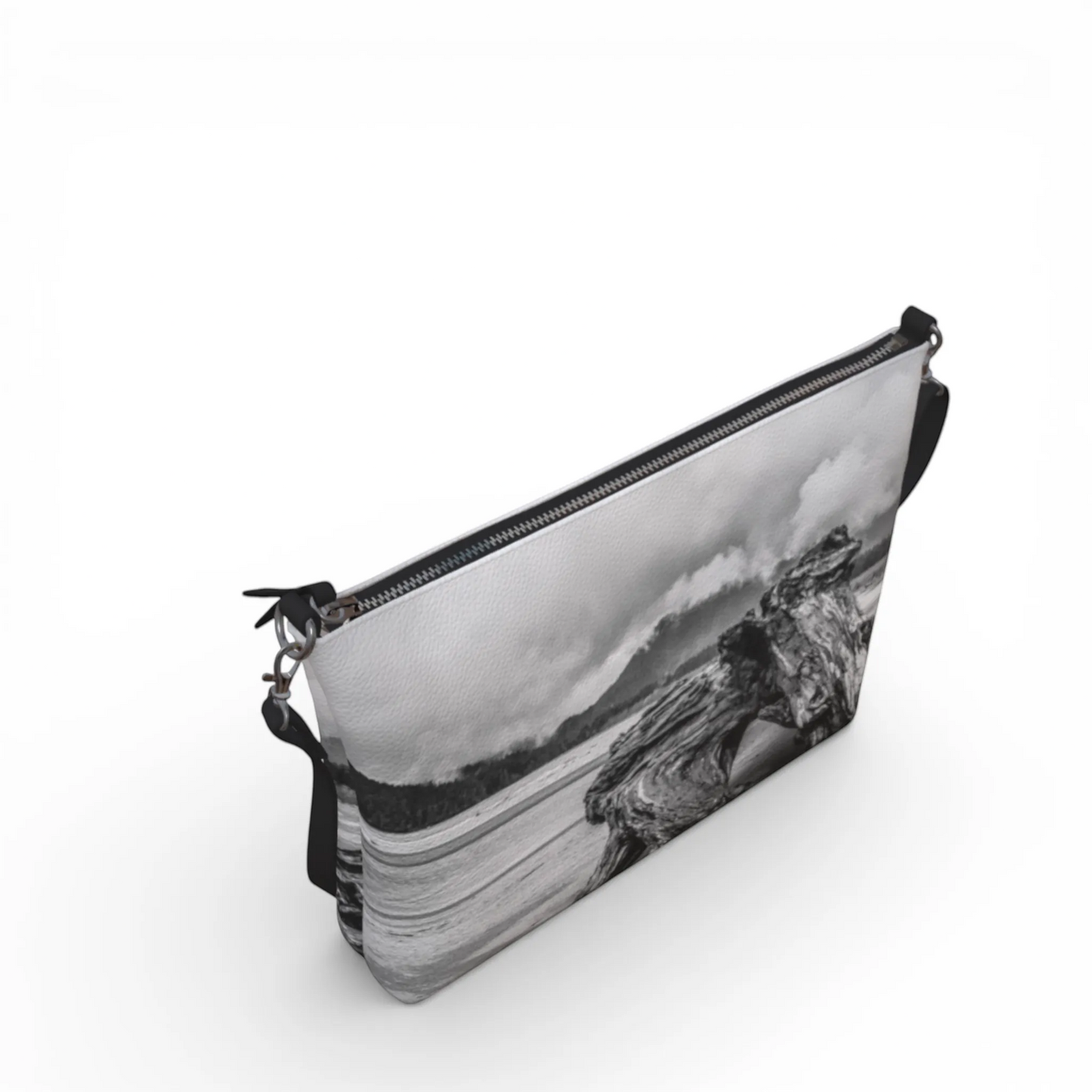 Van Isle Goddess Driftwood Monument Port Renfrew vegan leather crossbody purse with adjustable strap and zipper closure.