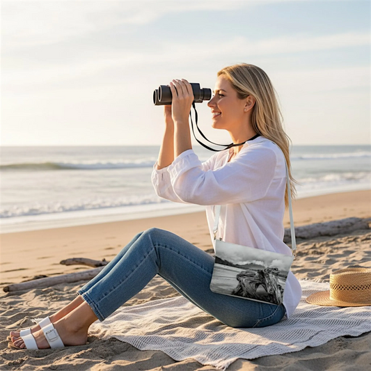 Van Isle Goddess Driftwood Monument Port Renfrew vegan leather crossbody purse with adjustable strap and metal hardware.