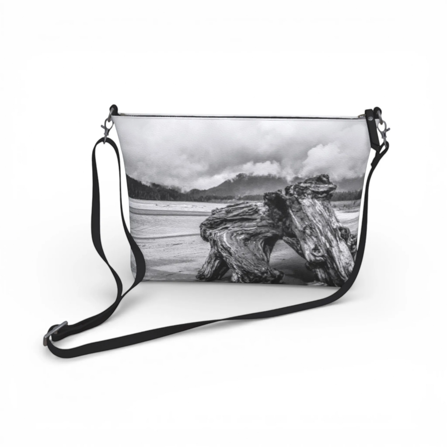 Van Isle Goddess Driftwood Monument Port Renfrew vegan leather crossbody purse with adjustable strap and black lining.